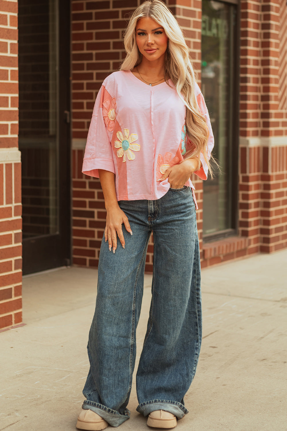 Pink Flower Patched Exposed Seam Bracelet Sleeve Oversized T Shirt-Bracelet-[Adult]-[Female]-2022 Online Blue Zone Planet