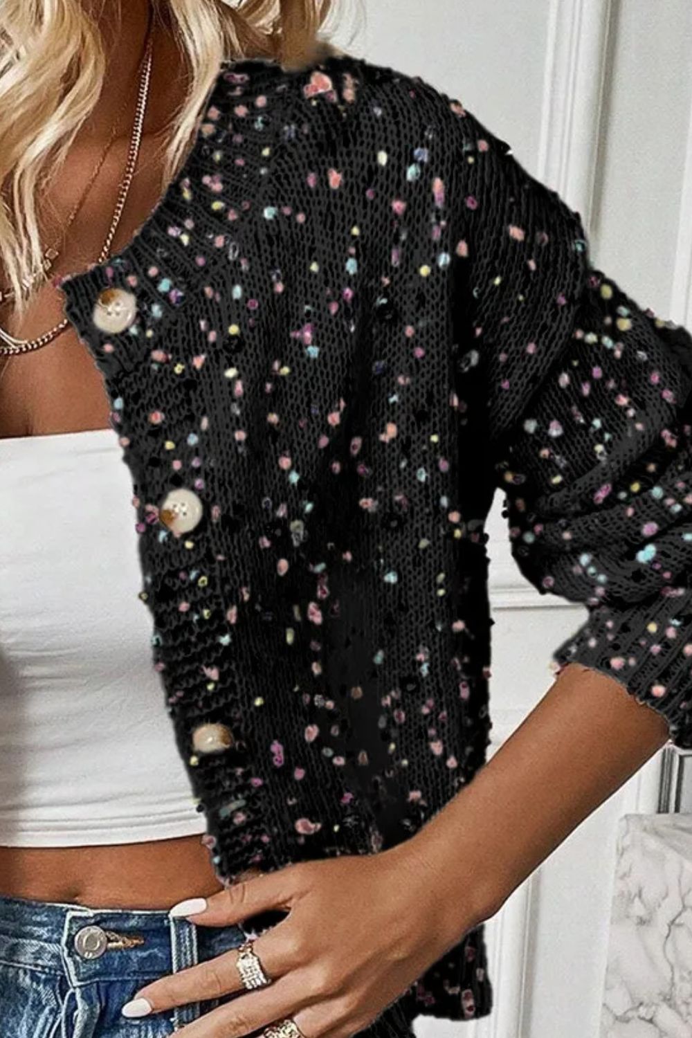 Blue Zone Planet | Confetti Button Up Long Sleeve Cardigan-TOPS / DRESSES-[Adult]-[Female]-2022 Online Blue Zone Planet