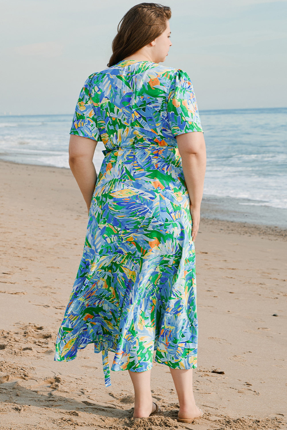 Green Leaves Print Short Sleeve Surplice Neck Ruffled Trim Plus Size Maxi Dress-TOPS / DRESSES-[Adult]-[Female]-2022 Online Blue Zone Planet
