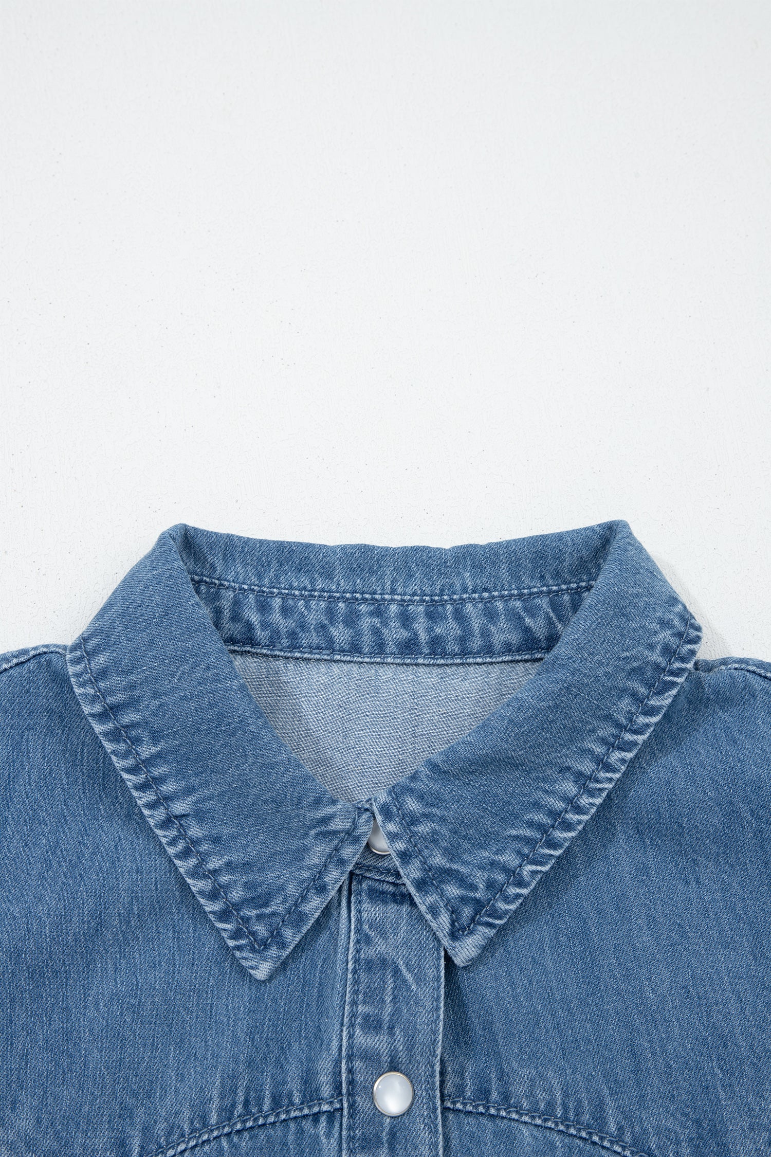 Dusk Blue Ruffled Short Sleeve Denim Shirt-Tops/Blouses & Shirts-[Adult]-[Female]-2022 Online Blue Zone Planet