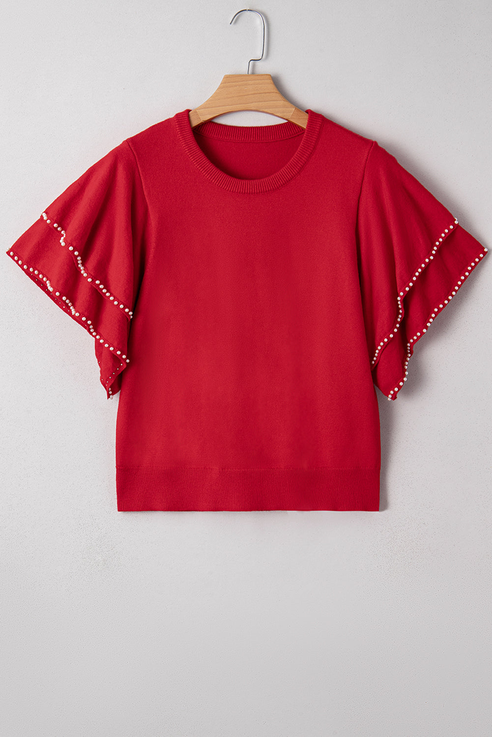 Racing Red Pearl Embellished Double Ruffle Short Sleeve Sweater-TOPS / DRESSES-[Adult]-[Female]-2022 Online Blue Zone Planet