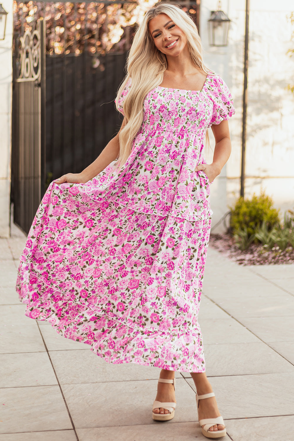 Pink Dainty Floral Smocked Puff Sleeve Flowy Long Dress-TOPS / DRESSES-[Adult]-[Female]-2022 Online Blue Zone Planet