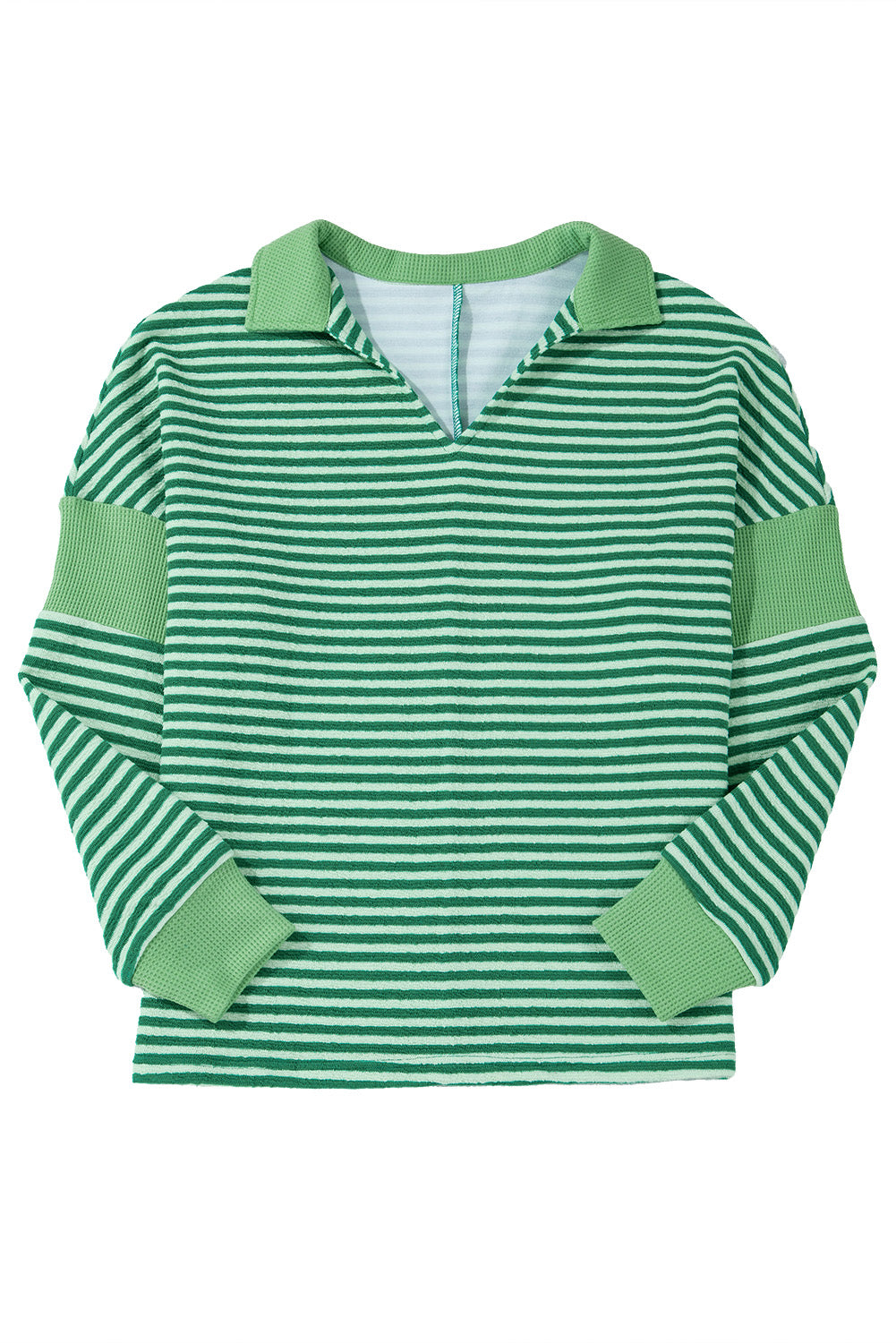 Green Stripe Turn-Down V Neck Patchwork Loose Top-Tops/Long Sleeve Tops-[Adult]-[Female]-2022 Online Blue Zone Planet