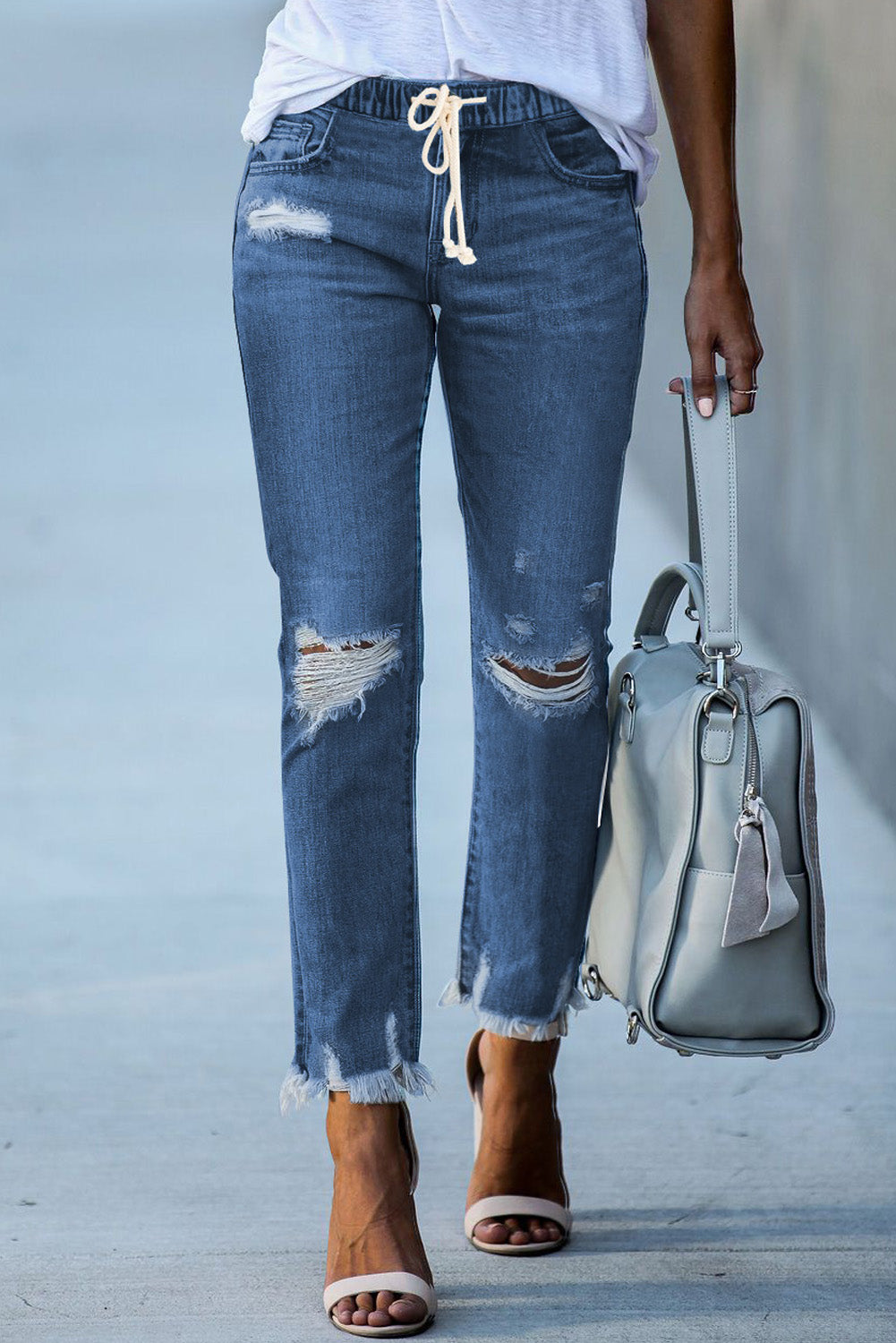 Dark Blue Elastic Waist Straight Leg Destroyed Raw Hem Jeans-Bottoms/Jeans-[Adult]-[Female]-Blue-4-2022 Online Blue Zone Planet