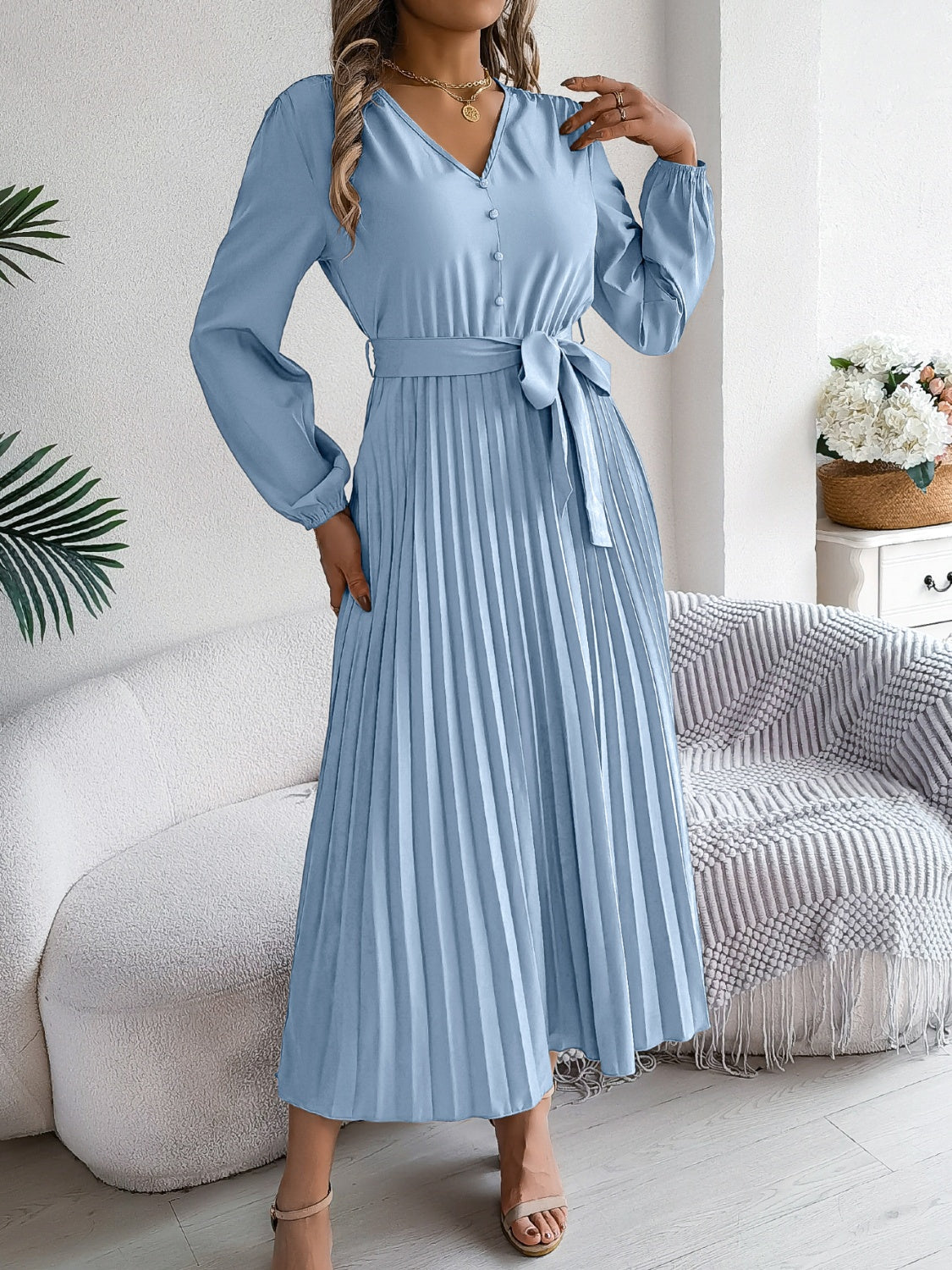 Pleated Tied V-Neck Long Sleeve Dress-TOPS / DRESSES-[Adult]-[Female]-2022 Online Blue Zone Planet