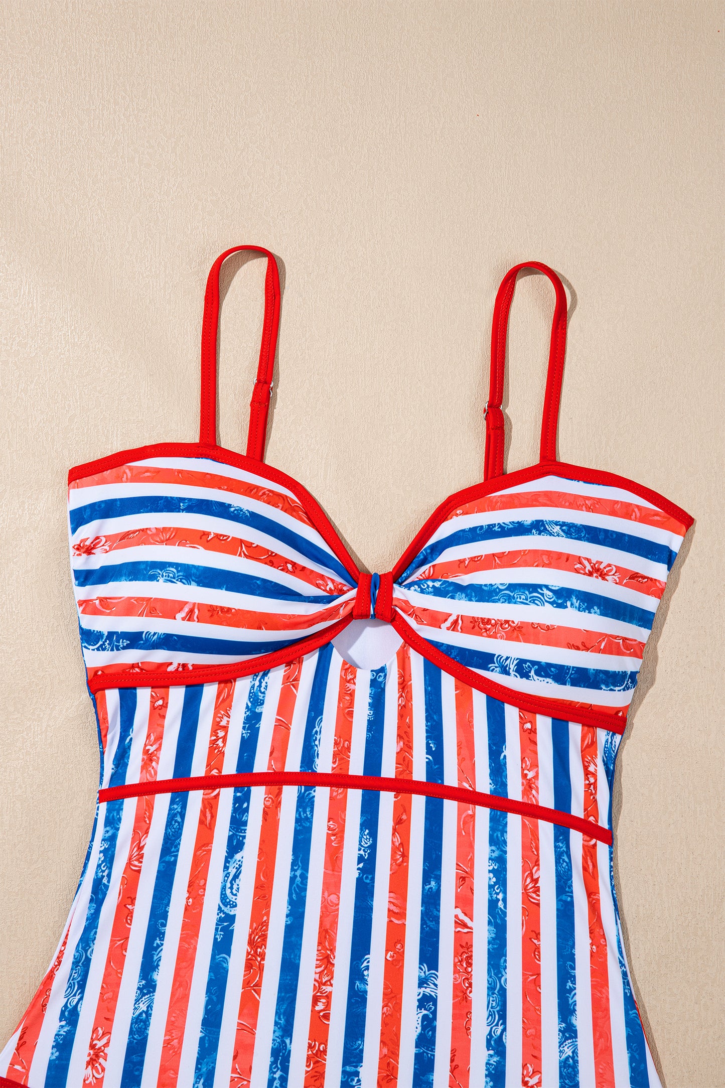 Red July 4th Stripes Star Floral Impression Cutout Spaghetti Straps One Piece Swimsuit-Swimwear/One Piece Swimsuit-[Adult]-[Female]-2022 Online Blue Zone Planet