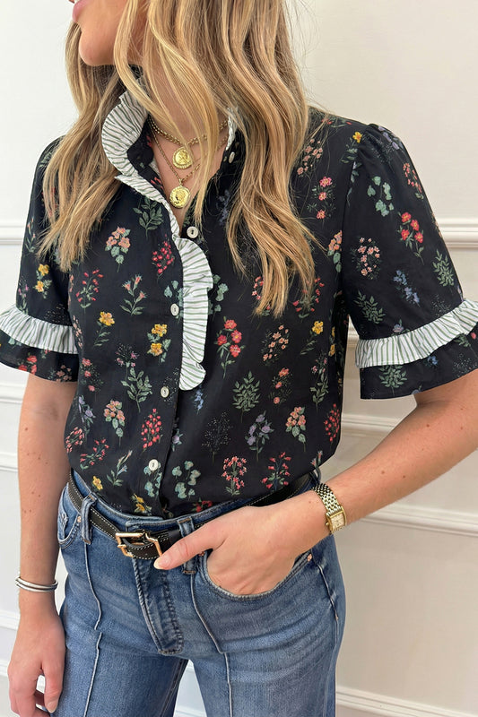 Black Contrast Frilled Trim Short Sleeve Floral Shirt-Tops/Blouses & Shirts-[Adult]-[Female]-Black-S-2022 Online Blue Zone Planet