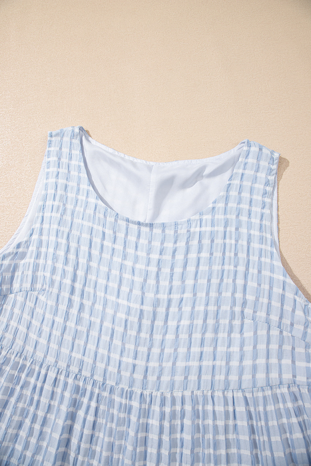 Light Blue Plaid Tiered A-line Sleeveless Mini Sundress-TOPS / DRESSES-[Adult]-[Female]-2022 Online Blue Zone Planet
