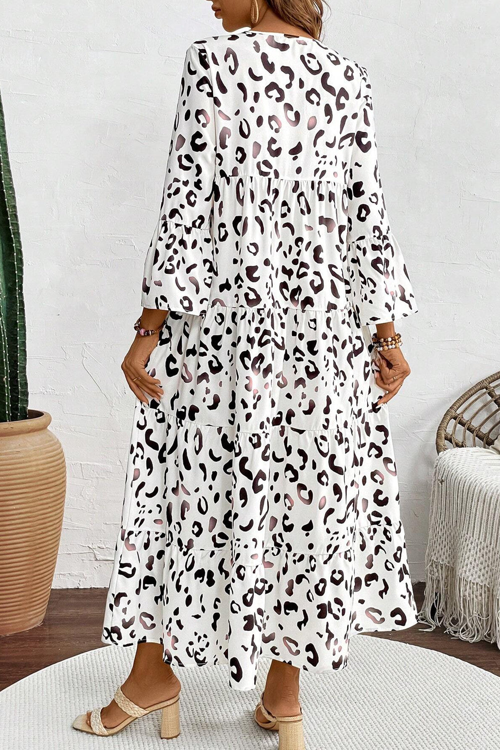 White Leopard Print Notch V Neck Loose Fit Maxi Dress-Dresses/Maxi Dresses-[Adult]-[Female]-2022 Online Blue Zone Planet