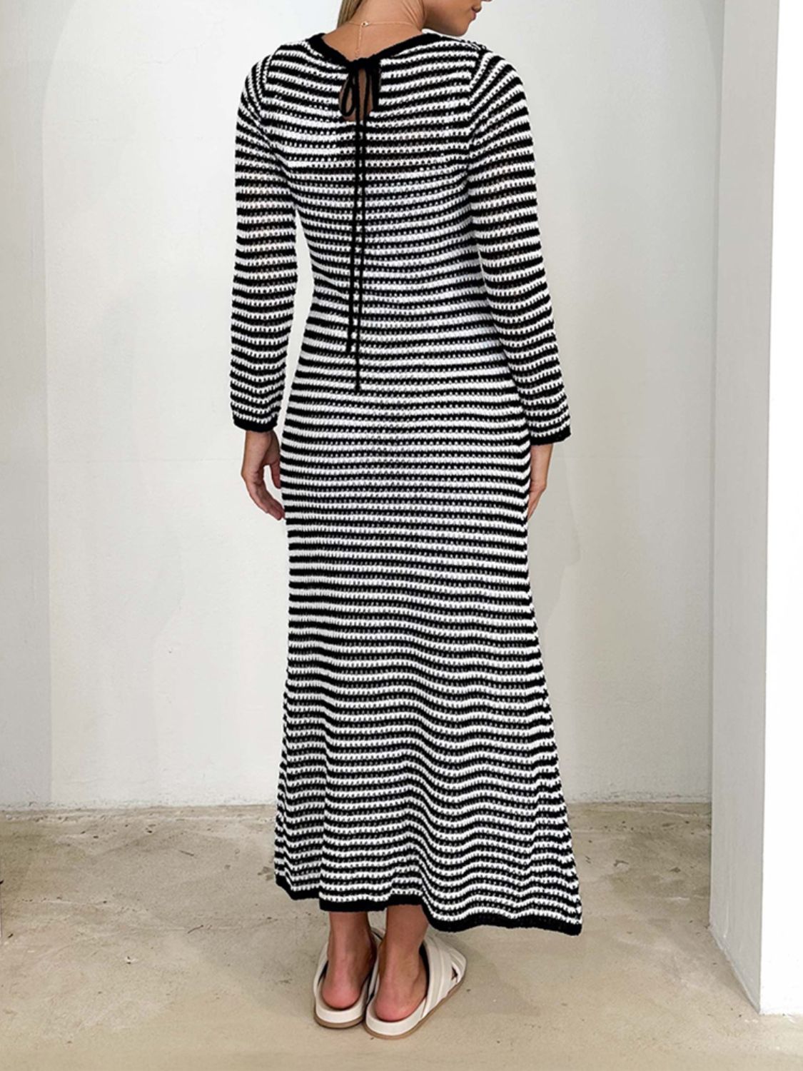 Devine Tied Round Neck Striped Sweater Dress-TOPS / DRESSES-[Adult]-[Female]-2022 Online Blue Zone Planet