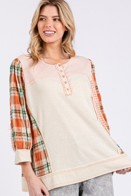 SAGE + FIG Exposed Seam Button Detail Plaid Top