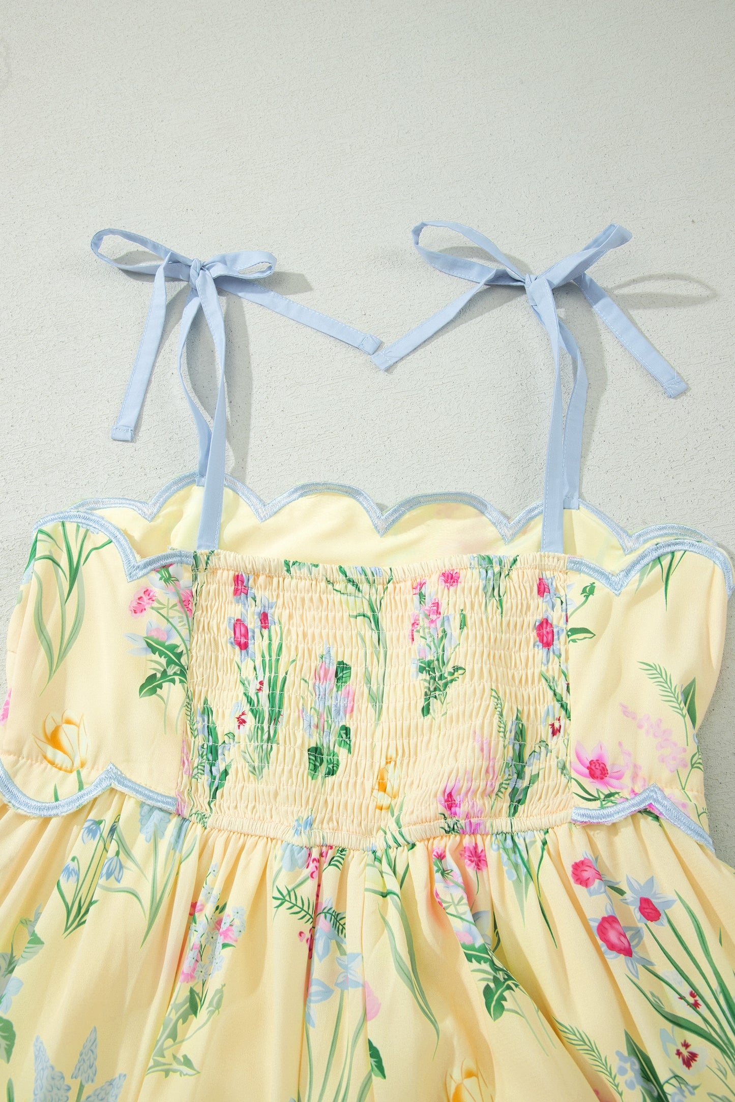 Beige Floral Print Contrast Trim Self-tie Straps High Waist Midi Dress-TOPS / DRESSES-[Adult]-[Female]-2022 Online Blue Zone Planet