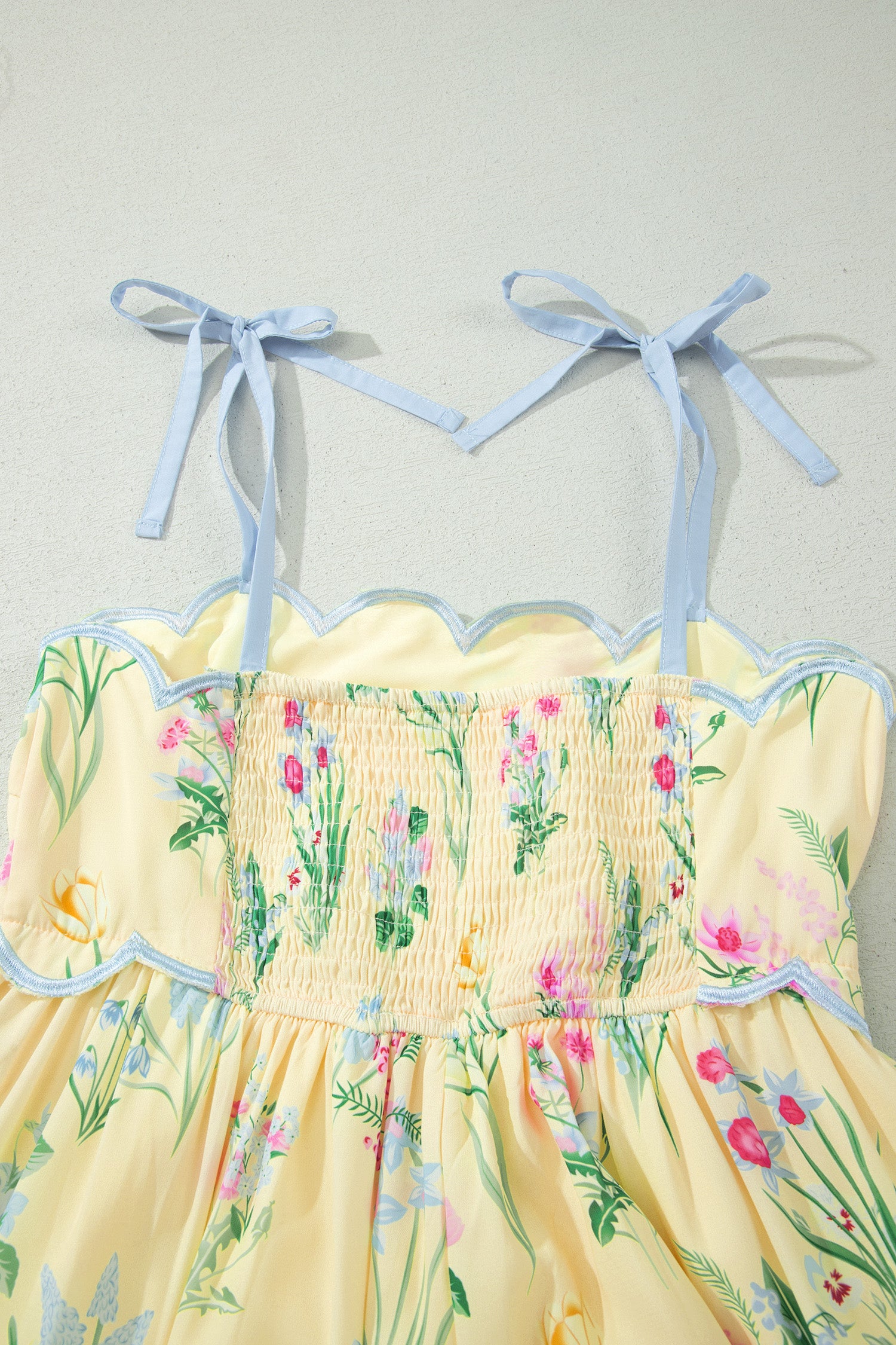 Beige Floral Print Contrast Trim Self-tie Straps High Waist Midi Dress-TOPS / DRESSES-[Adult]-[Female]-2022 Online Blue Zone Planet