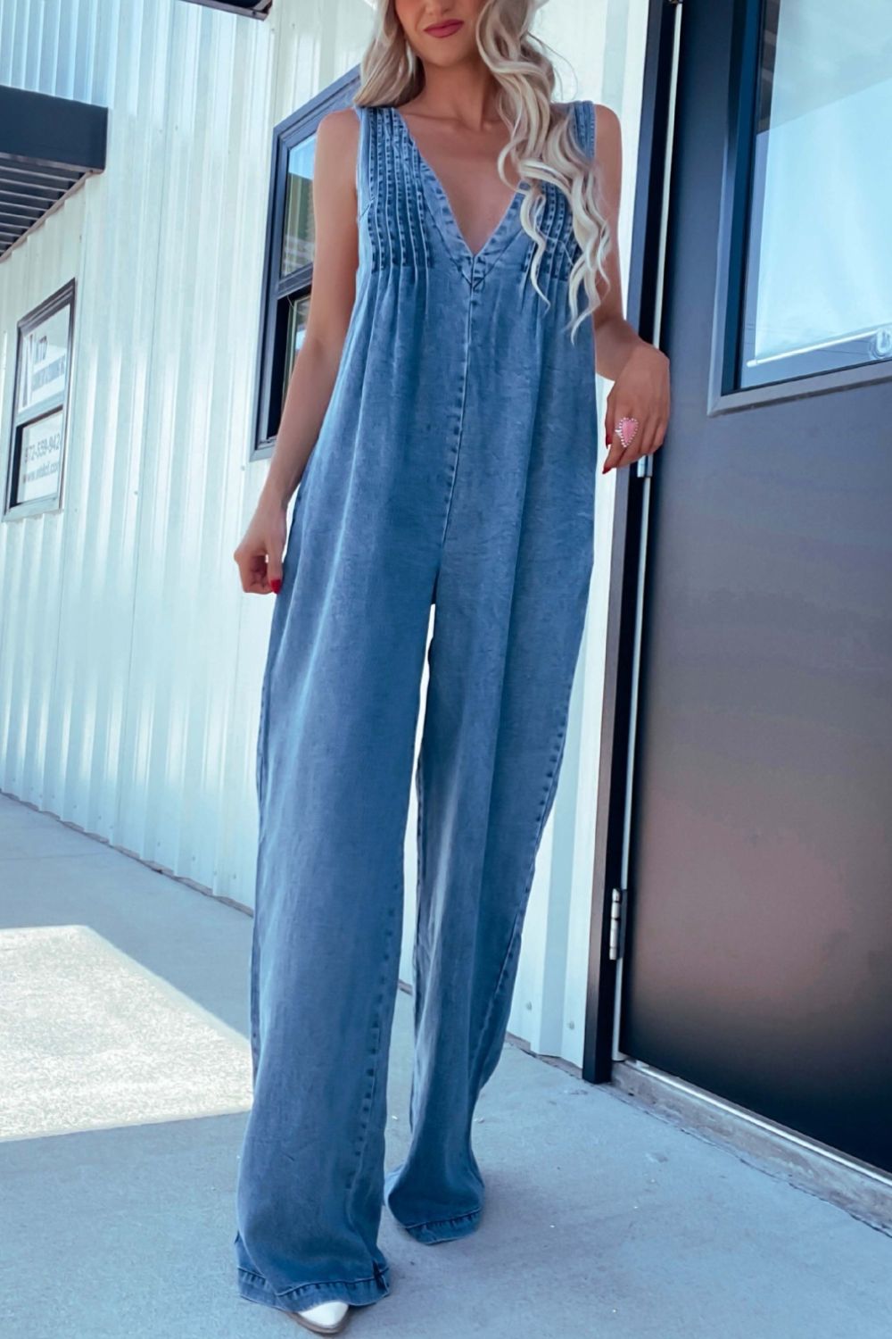 V-Neck Wide Leg Denim Jumpsuit-BOTTOM SIZES SMALL MEDIUM LARGE-[Adult]-[Female]-2022 Online Blue Zone Planet