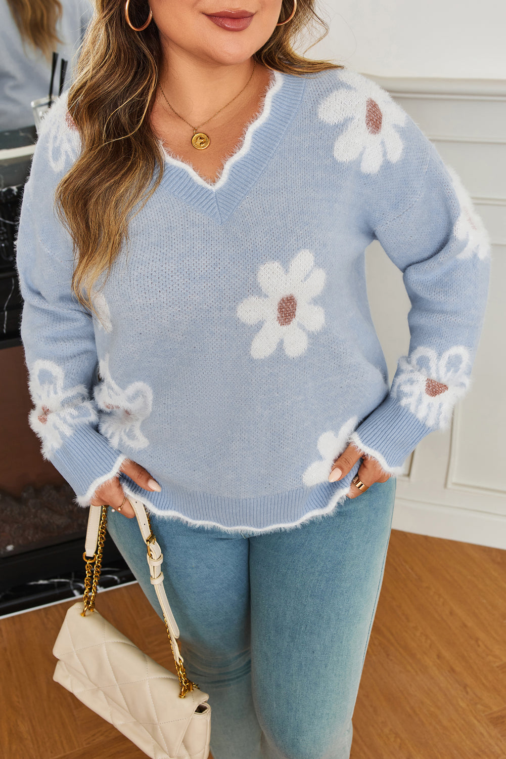 Gray Fuzzy Flower Scalloped V Neck Plus Sweater-TOPS / DRESSES-[Adult]-[Female]-2022 Online Blue Zone Planet