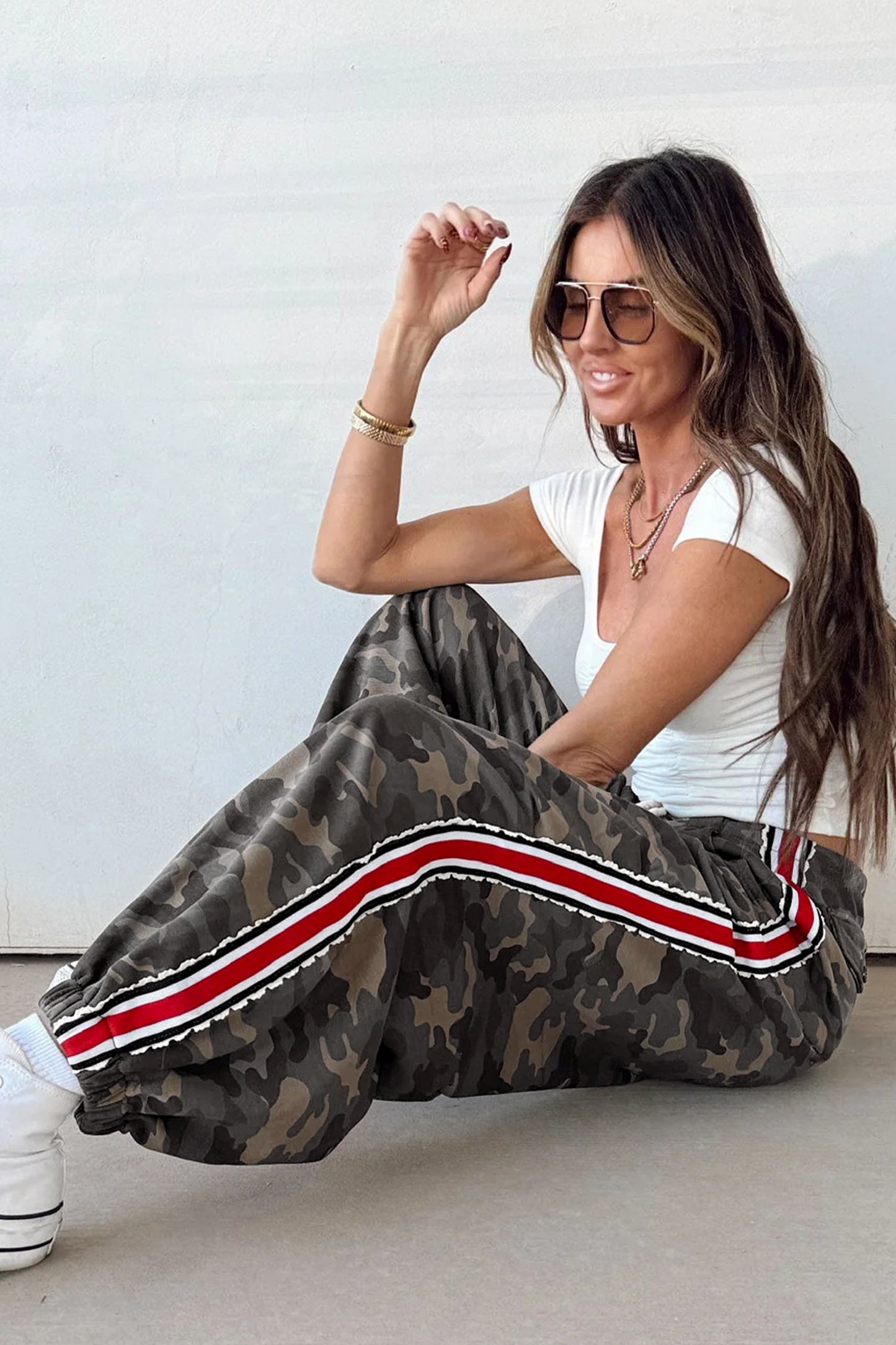 Khaki Camouflage Print Striped Side Panel Patchwork Drawstring Pants-Bottoms/Pants & Culotte-[Adult]-[Female]-2022 Online Blue Zone Planet