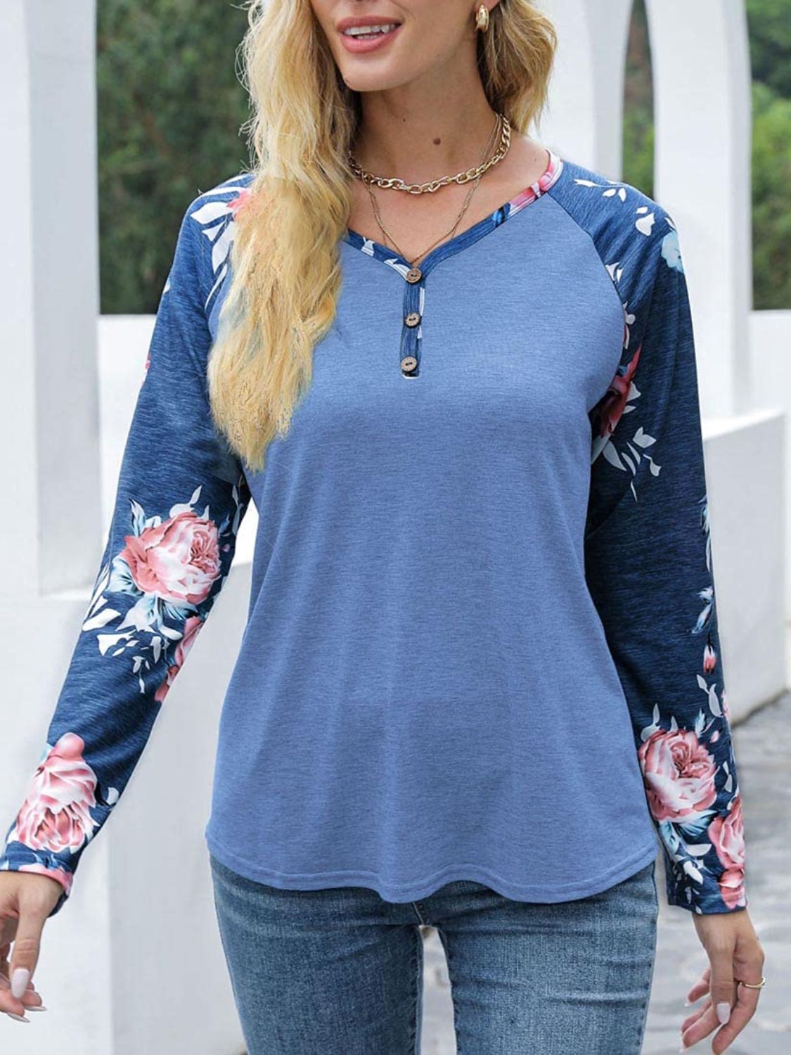 V-Neck Floral Long Sleeve T-Shirt-TOPS / DRESSES-[Adult]-[Female]-2022 Online Blue Zone Planet