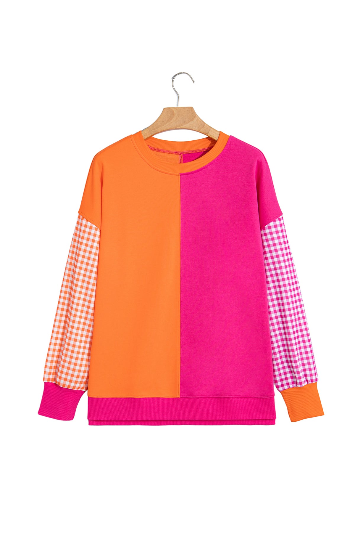 Rose Red Colorblock Gingham Sleeve Crewneck Sweatshirt-Tops/Sweatshirts & Hoodies-[Adult]-[Female]-2022 Online Blue Zone Planet