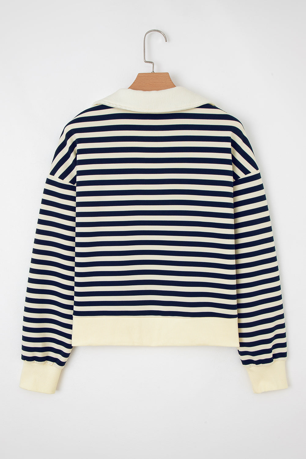Blue Stripe Collared V Neck Long Sleeve Casual Top-Tops/Long Sleeve Tops-[Adult]-[Female]-2022 Online Blue Zone Planet