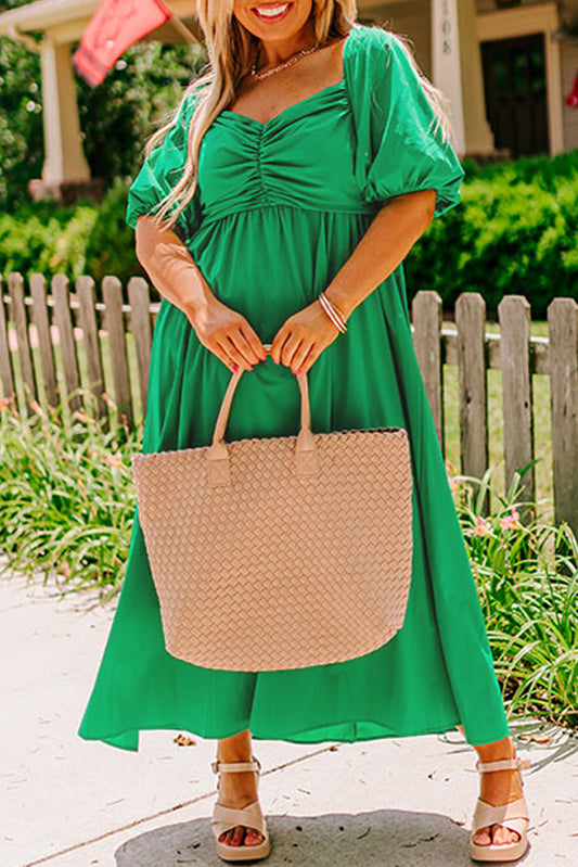 Bright Green Ruched Front Puff Sleeve Plus Size Long Dress-TOPS / DRESSES-[Adult]-[Female]-Bright Green-1X-2022 Online Blue Zone Planet