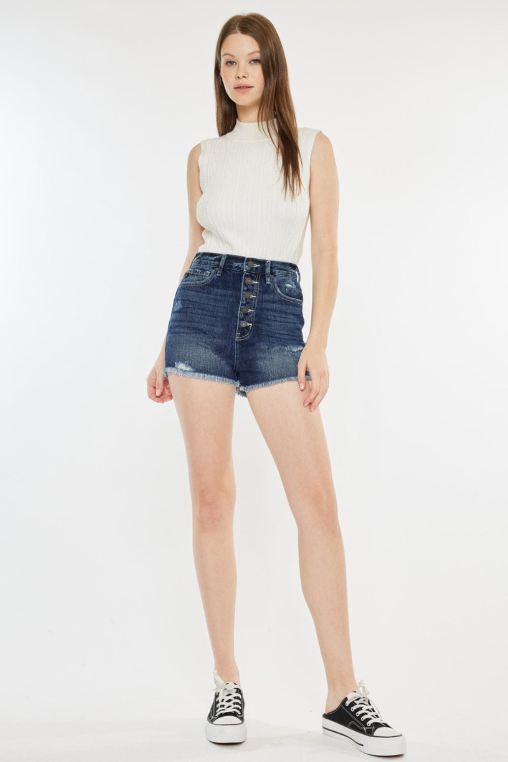 Blue Zone Planet | Kancan Raw Hem Button Fly Denim Shorts-BOTTOMS SIZES SMALL MEDIUM LARGE-[Adult]-[Female]-2022 Online Blue Zone Planet