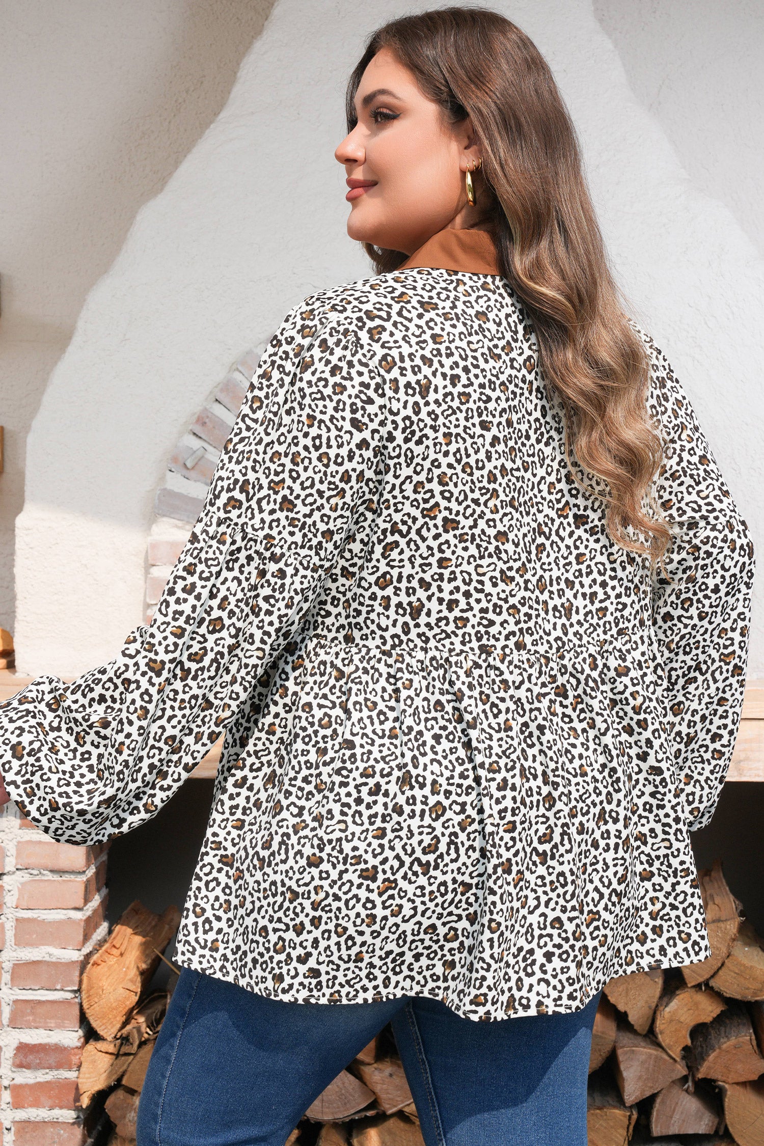 Khaki Plus Size Buttoned Contrast Trim Puff Sleeve Leopard Print Blouse-Plus Size/Plus Size Tops/Plus Size Blouses & Shirts-[Adult]-[Female]-2022 Online Blue Zone Planet
