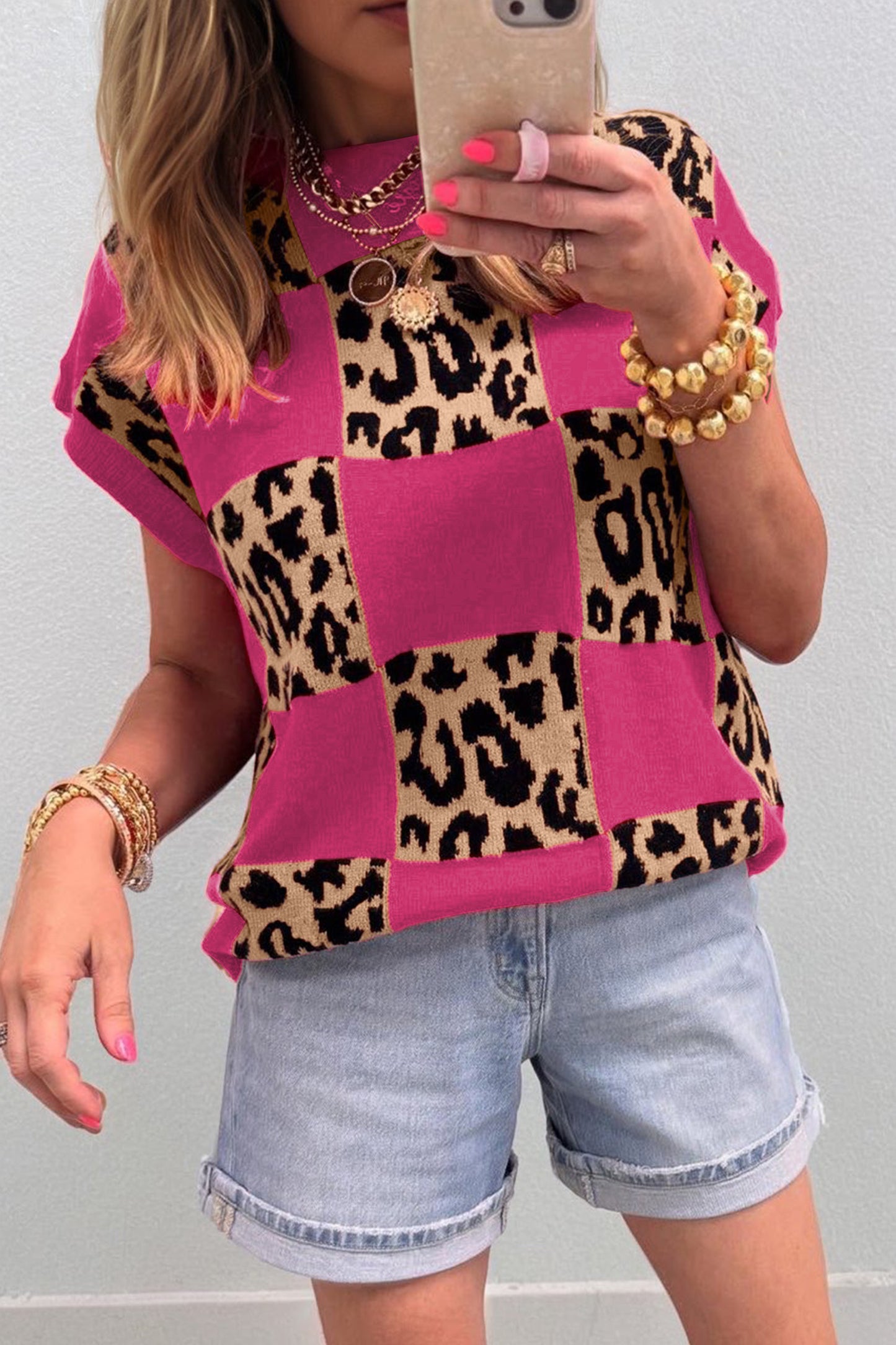 Rose Red Leopard Checkerboard Short Sleeve Knit Sweater-Sweaters & Cardigans/Short Sleeve Sweaters-[Adult]-[Female]-Rose Red-S-2022 Online Blue Zone Planet