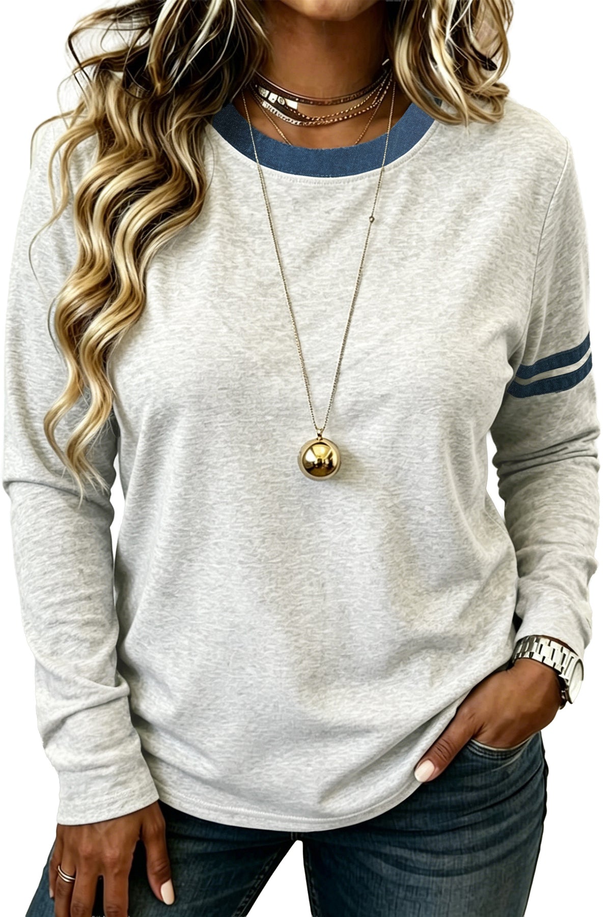 Gray Plus Size Colorblock Detail Round Neck Long Sleeve Top-Plus Size/Plus Size Tops/Plus Size Long Sleeve Tops-[Adult]-[Female]-2022 Online Blue Zone Planet