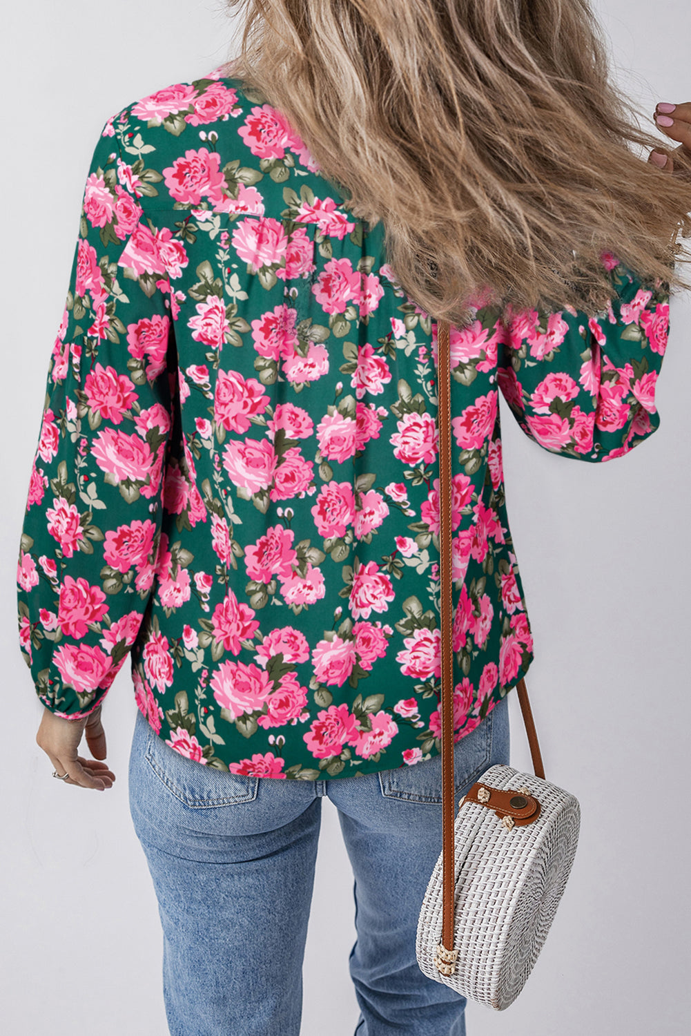 Blue Zone Planet | Green Floral Printed Tied Collar Puff Sleeve Blouse-Tops/Blouses & Shirts-[Adult]-[Female]-2022 Online Blue Zone Planet