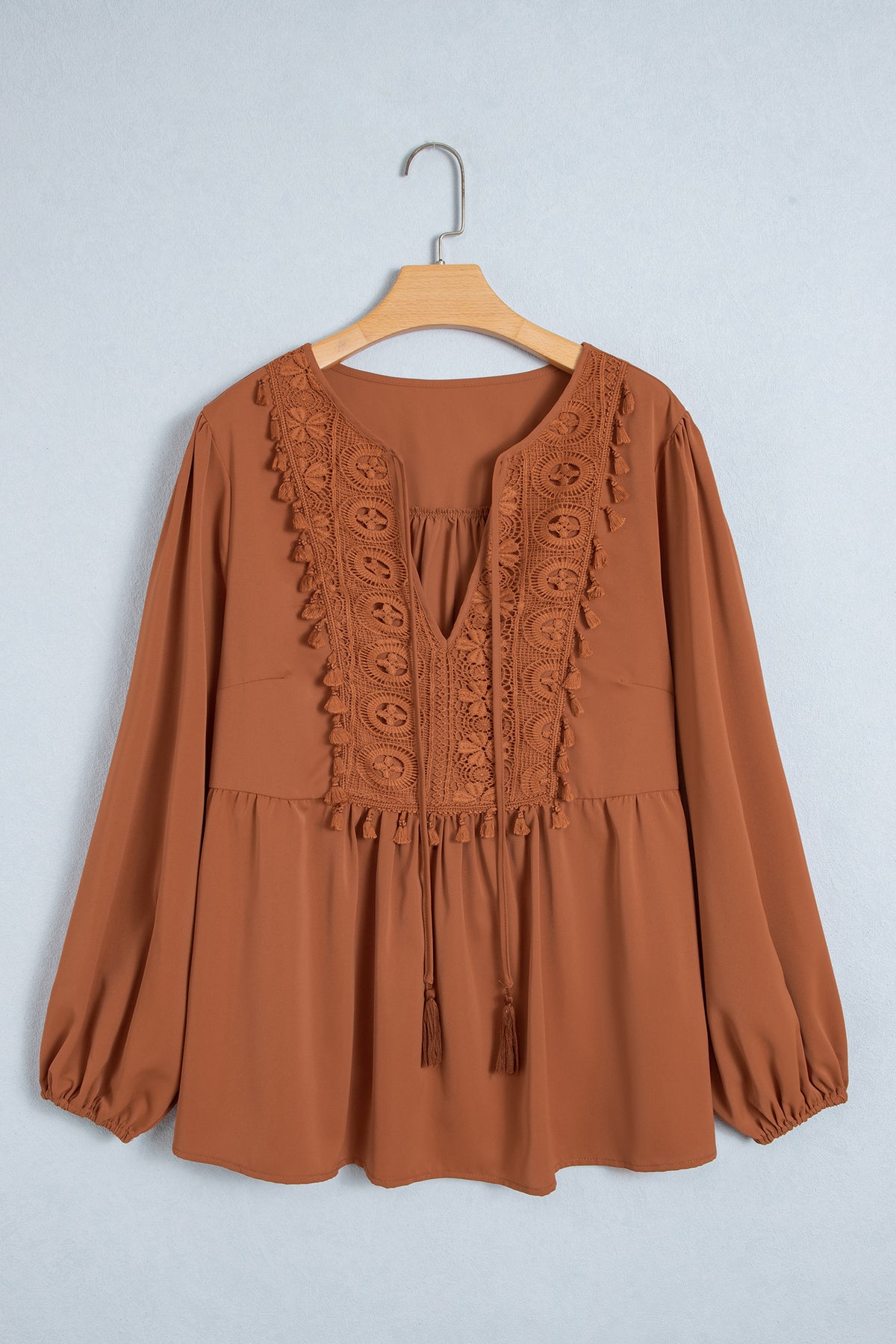 Chestnut Boho V Neck Embroidered Tassel Long Sleeve Plus Size Blouse-Plus Size/Plus Size Tops/Plus Size Blouses & Shirts-[Adult]-[Female]-2022 Online Blue Zone Planet