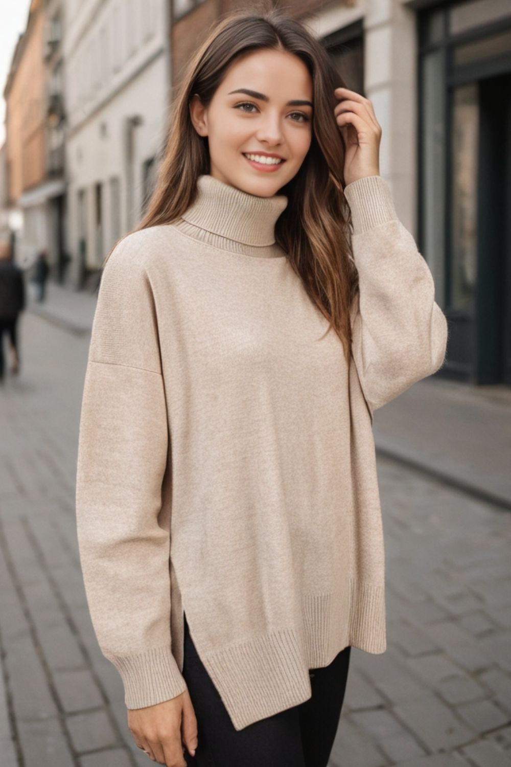 Basic Bae Side Slit Turtleneck Dropped Shoulder Sweater-TOPS / DRESSES-[Adult]-[Female]-Tan-One Size-2022 Online Blue Zone Planet