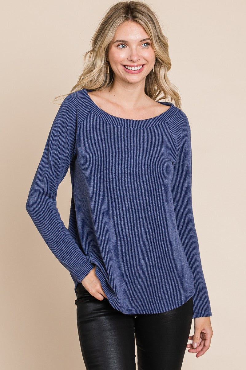 Super Lady Full Size Rib Texture Boat Neck Top-TOPS / DRESSES-[Adult]-[Female]-2022 Online Blue Zone Planet