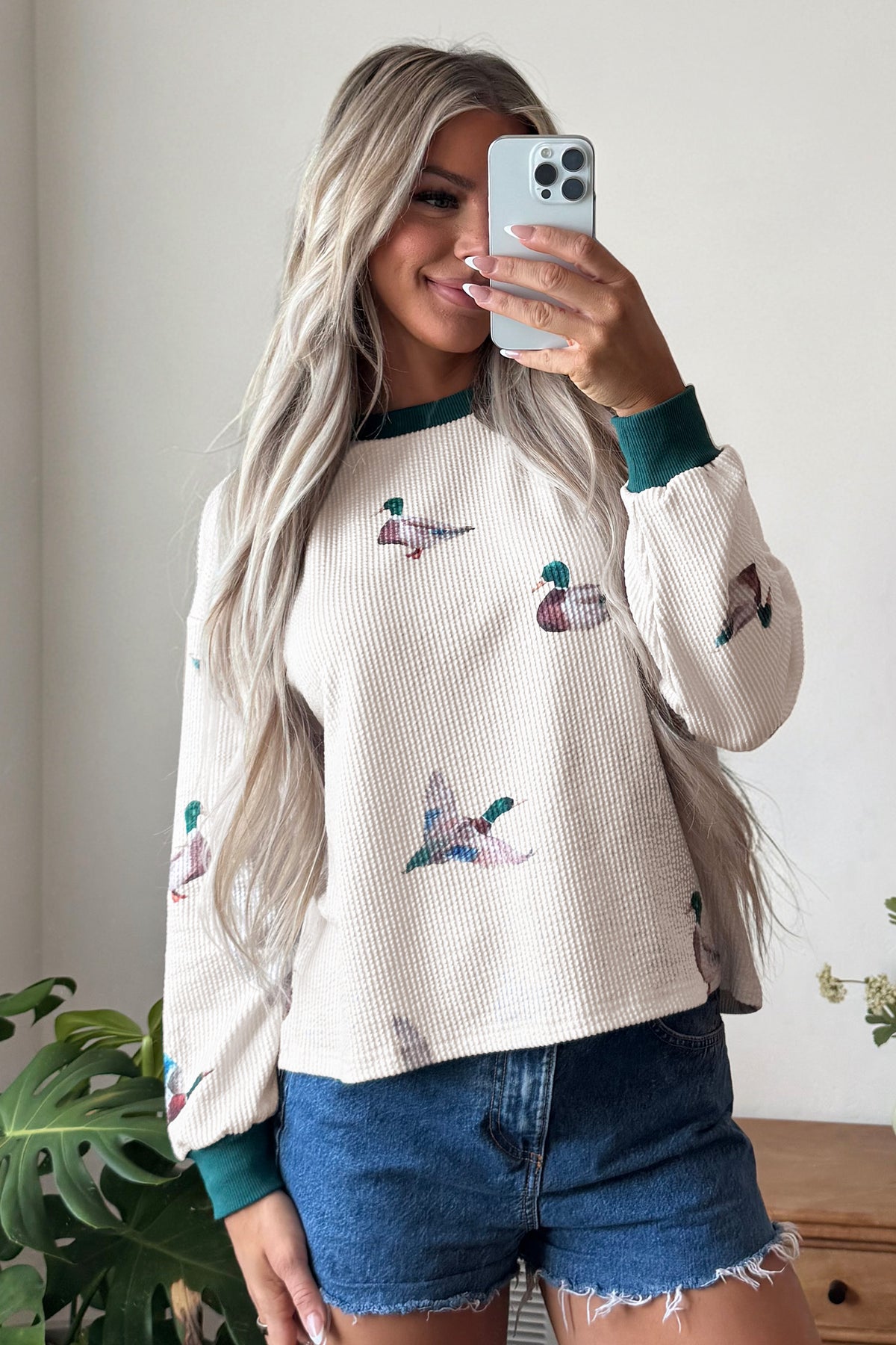 Beige Twisted Ribbed Duck Print Crewneck Casual Pullover Top-Tops/Long Sleeve Tops-[Adult]-[Female]-2022 Online Blue Zone Planet