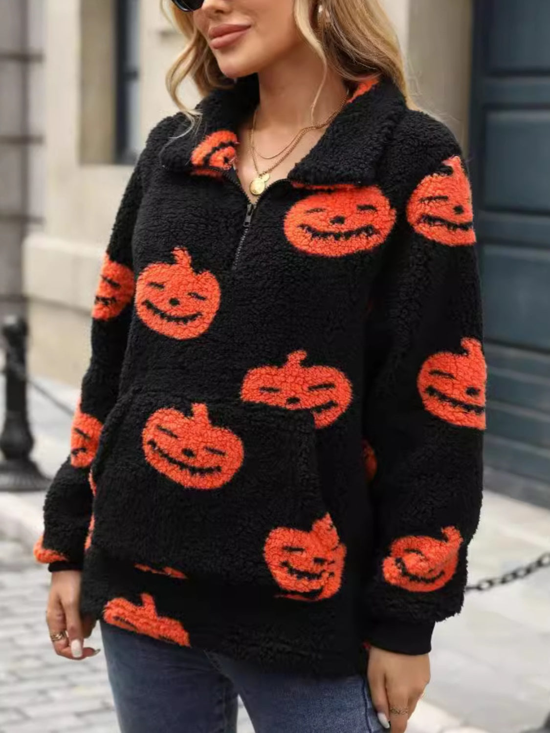 Jack-O'-Lantern Half Zip Long Sleeve Sweatshirt-TOPS / DRESSES-[Adult]-[Female]-2022 Online Blue Zone Planet