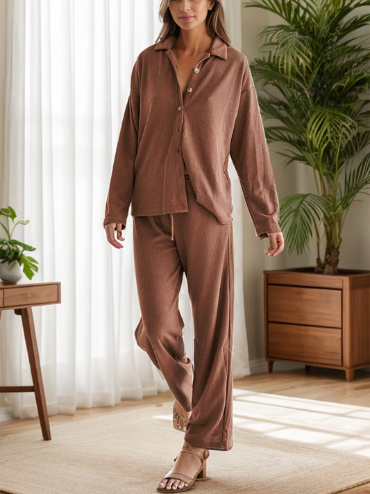 Collared Neck Long Sleeve Top and Drawstring Pants Set-TOPS / DRESSES-[Adult]-[Female]-Brown-XS-2022 Online Blue Zone Planet