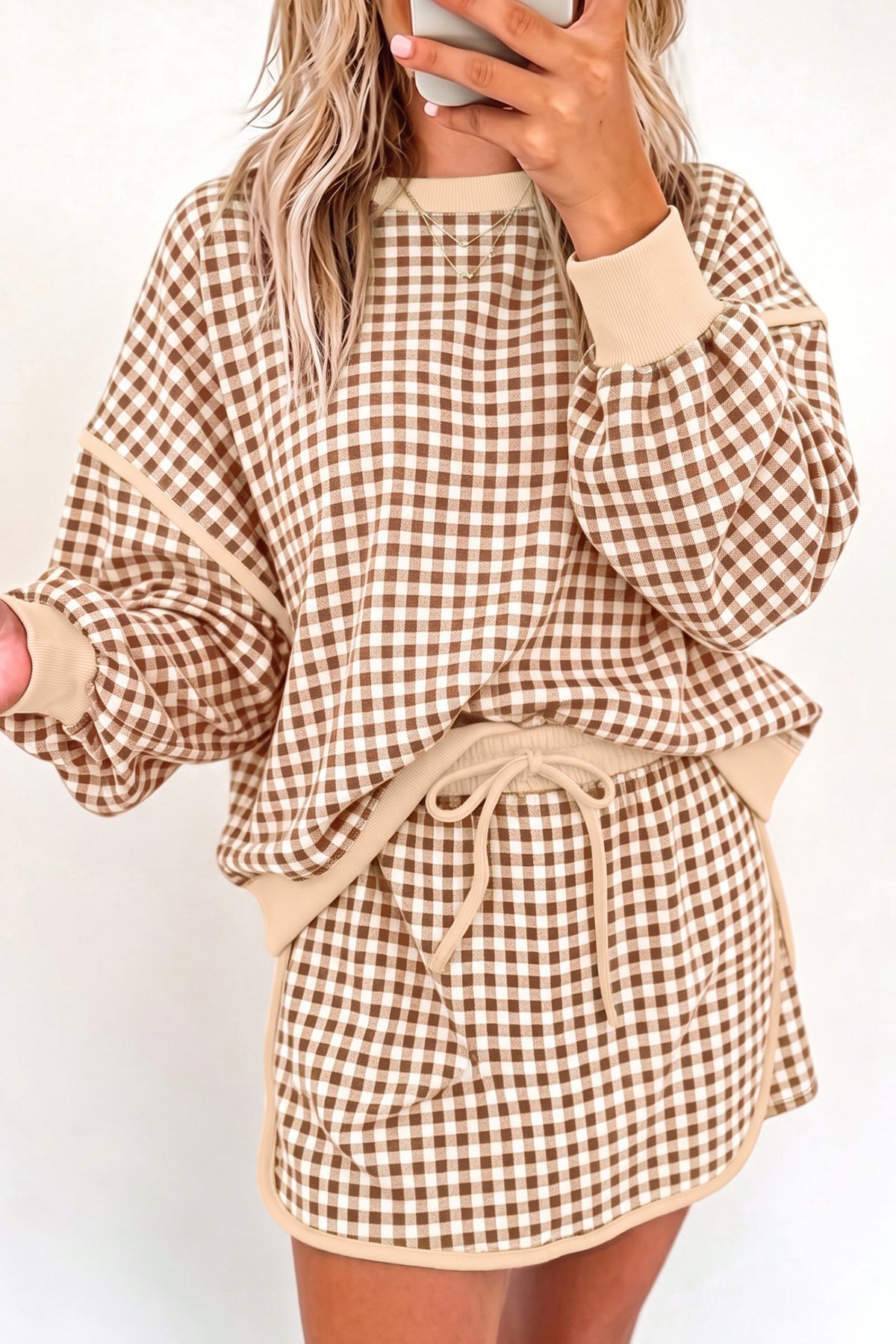Green Gingham Oversized Ribbed Trim Crew Neck Long Sleeve Top and Skort Set