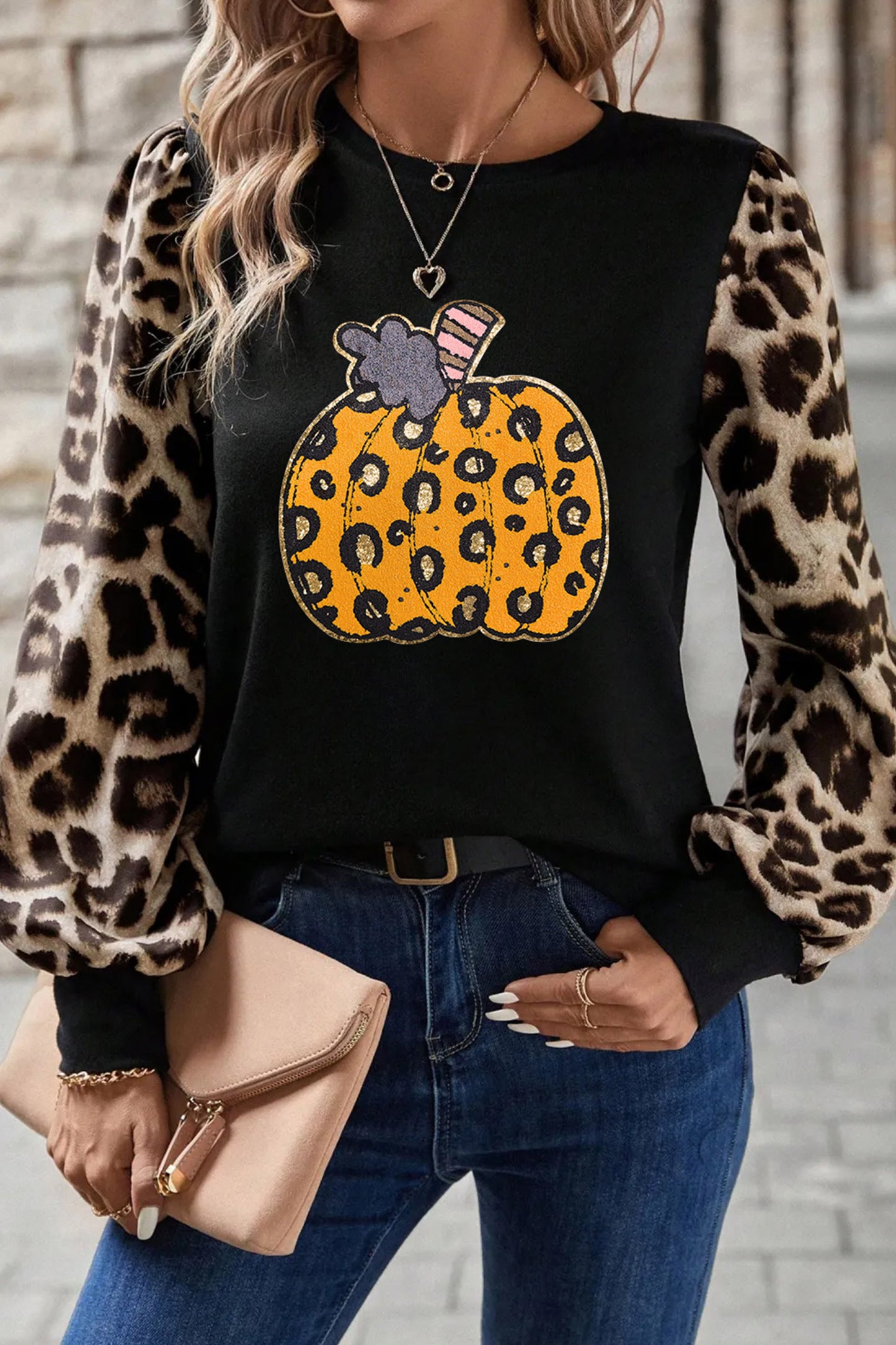 Khaki Leopard Sleeve Pumpkin Print Graphic Knit Top