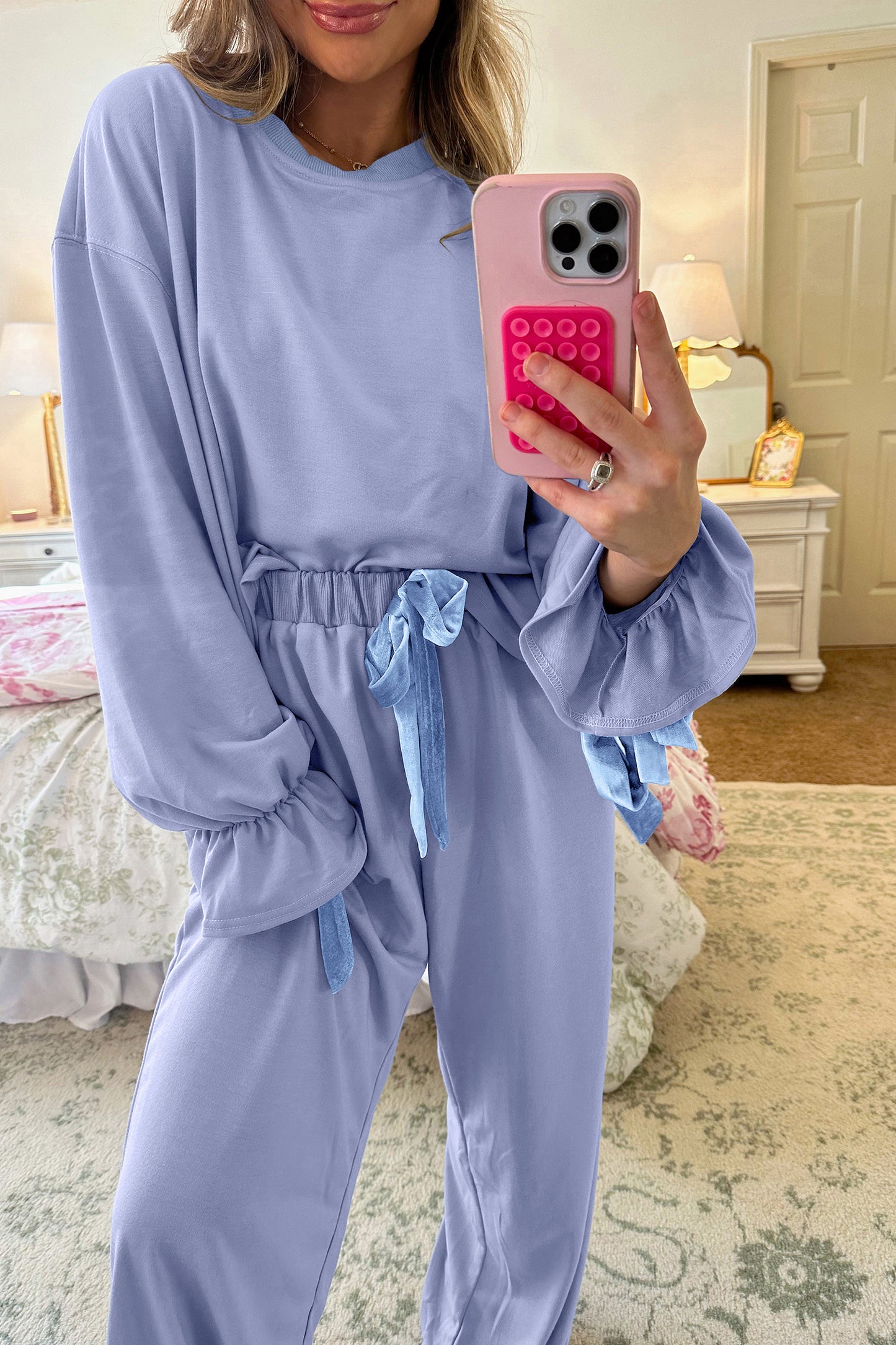Beau Blue Flounce Long Sleeve Top Drawstring Pants Contrast Velvet Bow Knot 2pcs Lounge Set-Loungewear & Sleepwear/Loungewear-[Adult]-[Female]-2022 Online Blue Zone Planet