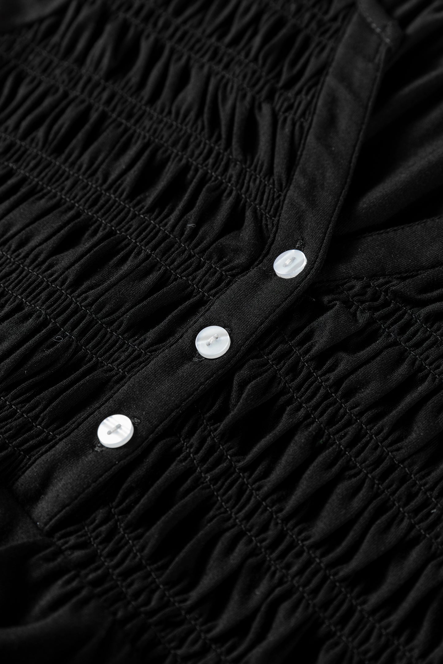 Black Smocked Bust Buttoned Split V Neck Flow Fit Blouse-Tops/Blouses & Shirts-[Adult]-[Female]-2022 Online Blue Zone Planet