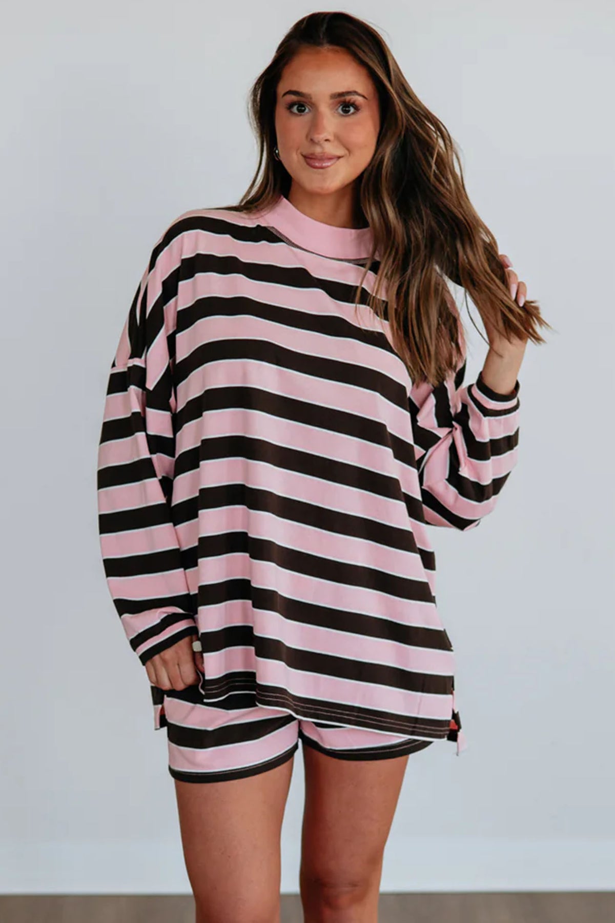 Pink Stripe Oversized Long Sleeve Top Elastic Waist Shorts Casual 2pcs Set