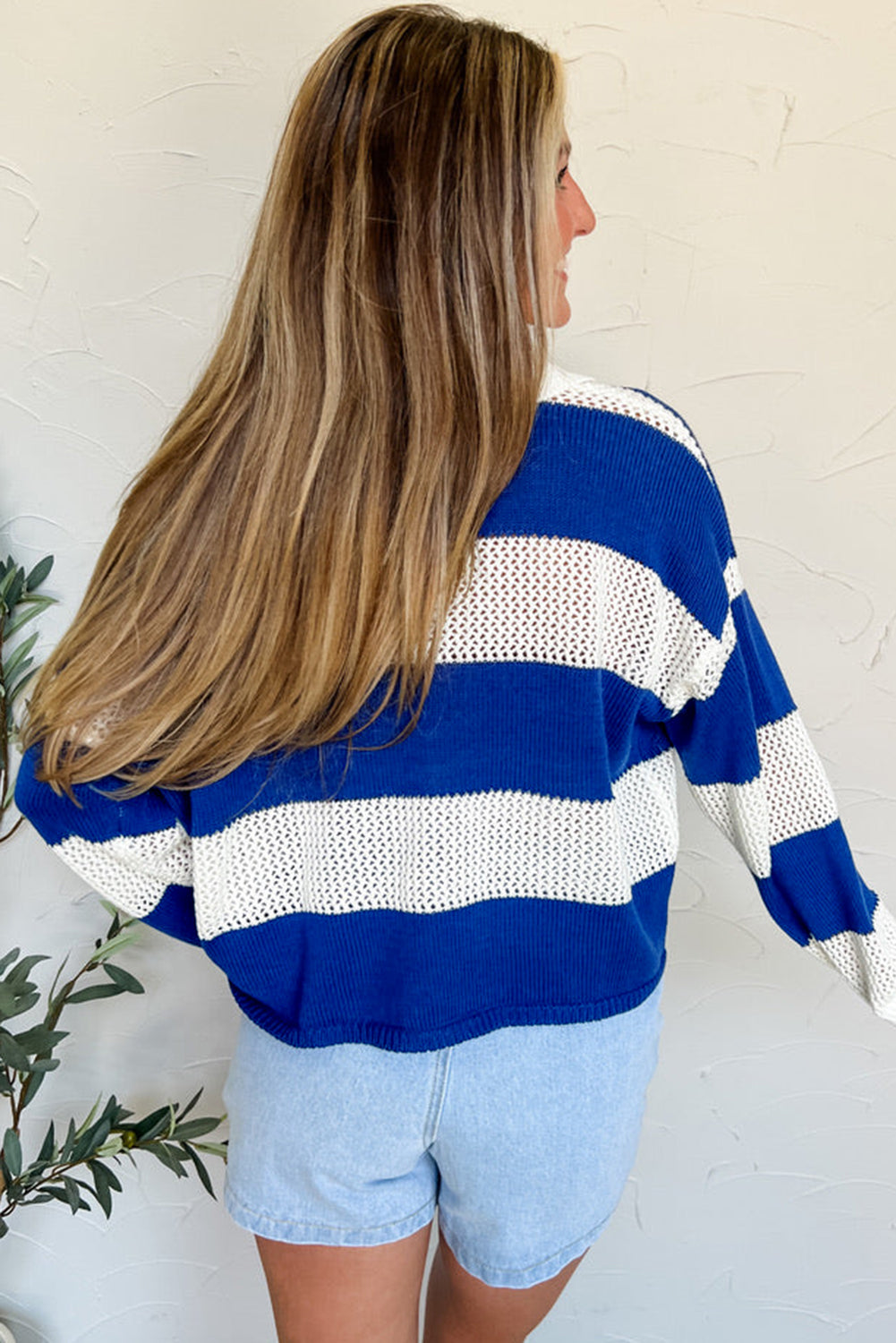 Blue Stripe Colorblock Polo Collar Eyelet Crochet Knitted Sweater-Sweaters & Cardigans/Sweaters-[Adult]-[Female]-2022 Online Blue Zone Planet