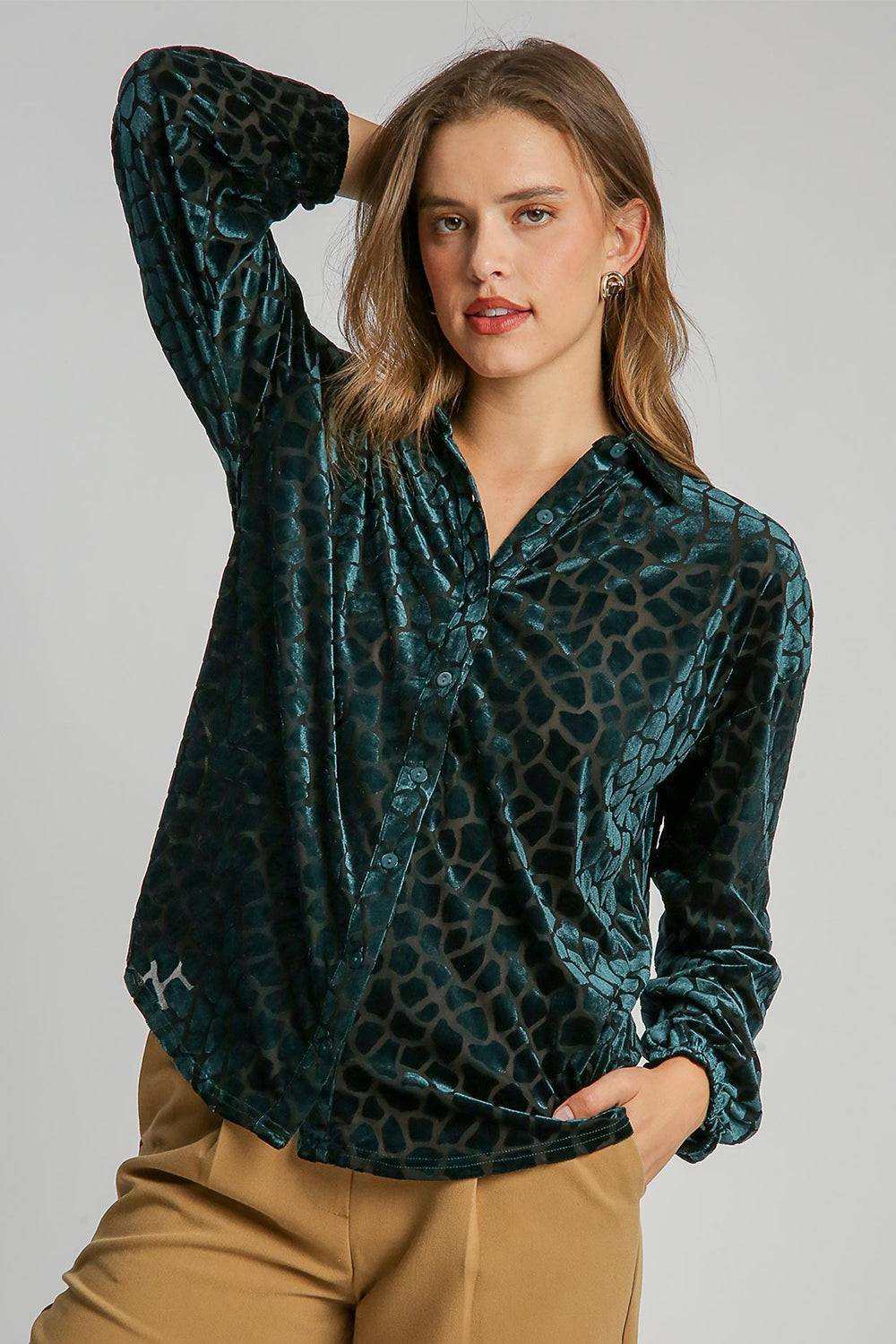 Umgee Animal Print Button Up Velvet Shirt-TOPS / DRESSES-[Adult]-[Female]-Hunter Green-S-2022 Online Blue Zone Planet