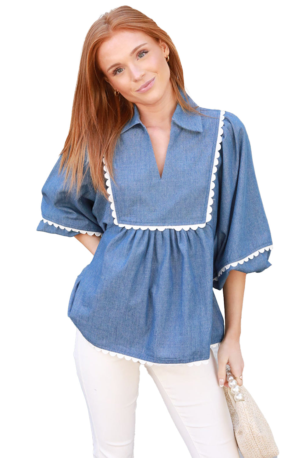 Dusk Blue Lace Ric Rac 3/4 Puff Sleeve Collared Babydoll Blouse-Tops/Blouses & Shirts-[Adult]-[Female]-2022 Online Blue Zone Planet