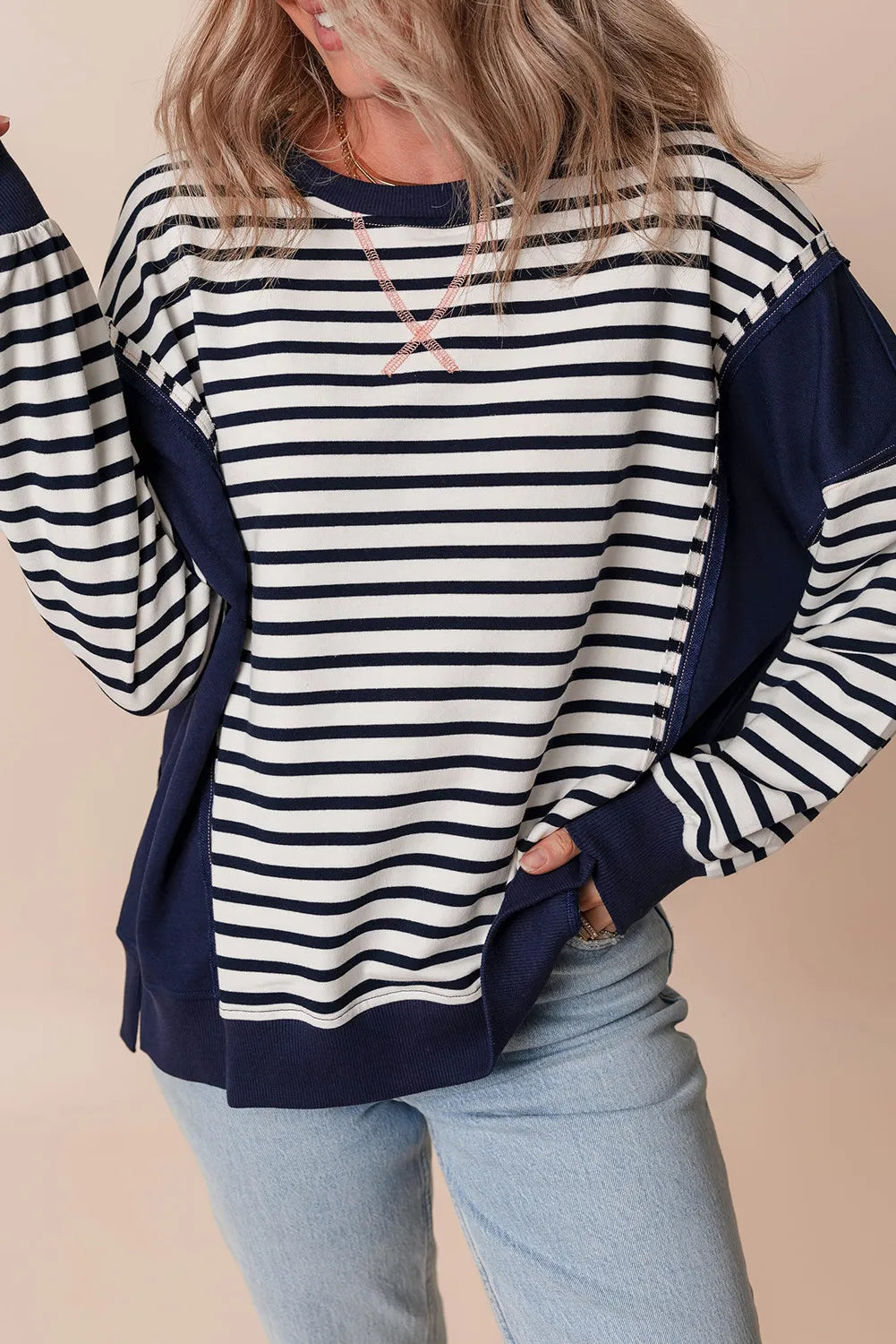 Striped Round Neck Long Sleeve Sweatshirt-TOPS / DRESSES-[Adult]-[Female]-2022 Online Blue Zone Planet