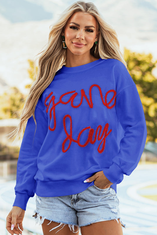 Dark Blue Tinsel Game Day Drop Shoulder Graphic Sweatshirt-Tops/Sweatshirts & Hoodies-[Adult]-[Female]-Dark Blue-S-2022 Online Blue Zone Planet