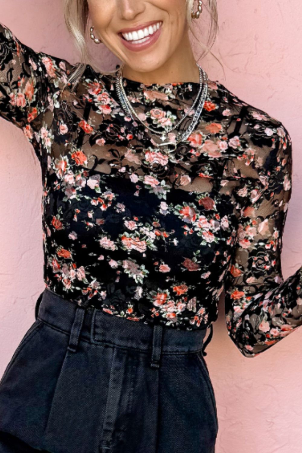 Floral Round Neck Long Sleeve Blouse-TOPS / DRESSES-[Adult]-[Female]-Black-S-2022 Online Blue Zone Planet
