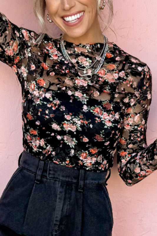 Floral Round Neck Long Sleeve Blouse-TOPS / DRESSES-[Adult]-[Female]-Black-S-2022 Online Blue Zone Planet