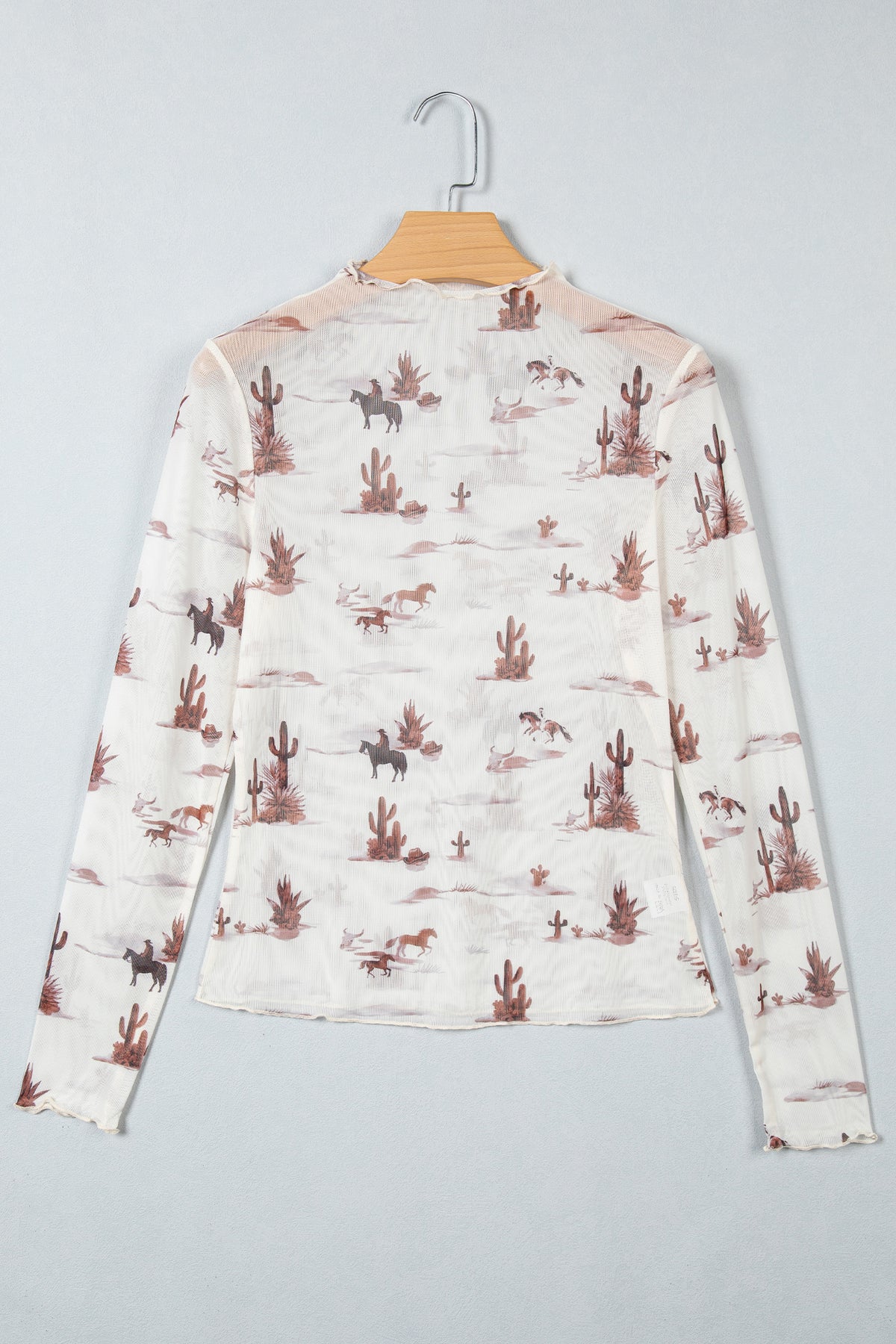 Beige Floral Print Slim Fit Mesh Long Sleeve Mock Neck Top-Tops/Long Sleeve Tops-[Adult]-[Female]-2022 Online Blue Zone Planet