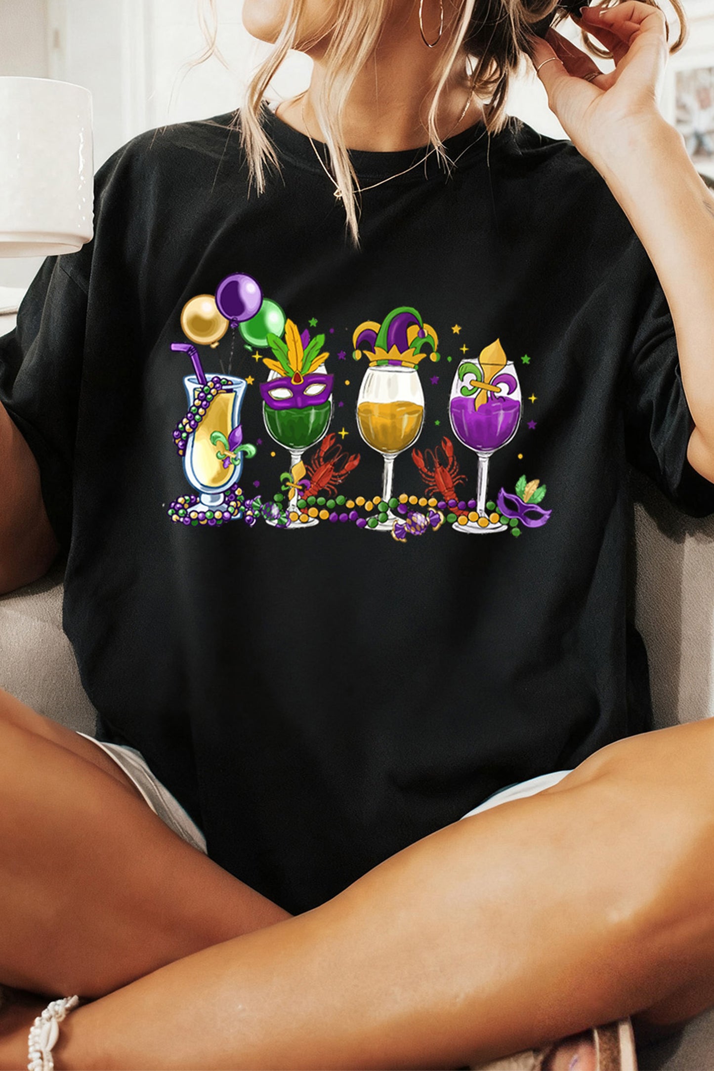 Black Cheerful Mardi Gras Drinks Crayfish Printed T Shirt-Graphic Tees-[Adult]-[Female]-Black-2XL-2022 Online Blue Zone Planet