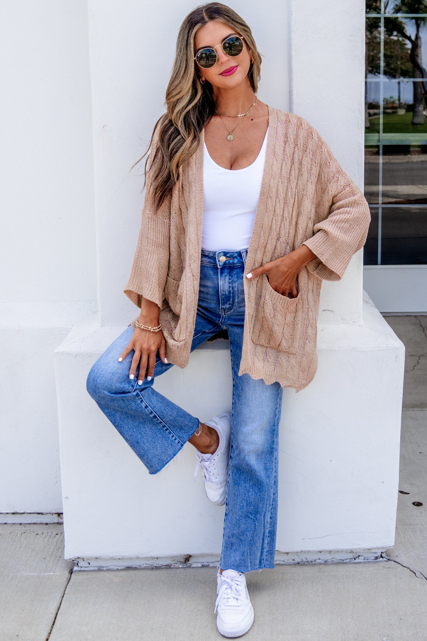 Old Rose Hollowed Pattern Knit Drop Shoulder Open Sweater Cardigan-Sweaters & Cardigans/Cardigans-[Adult]-[Female]-2022 Online Blue Zone Planet